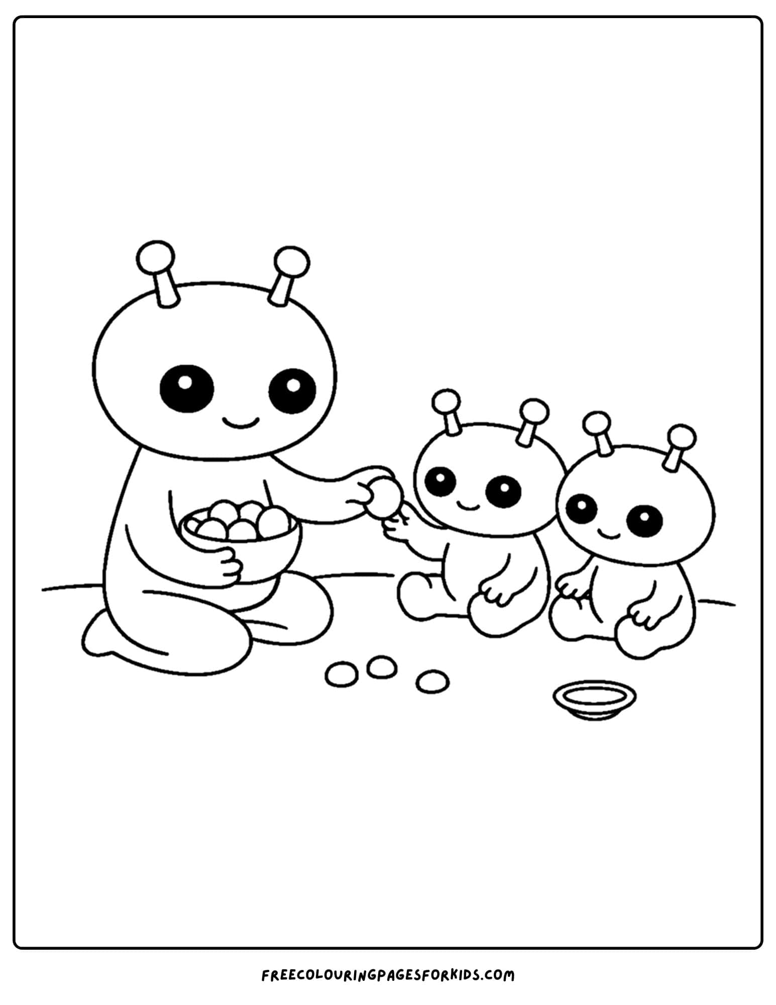 a coloring page of an alien feeding alien babies