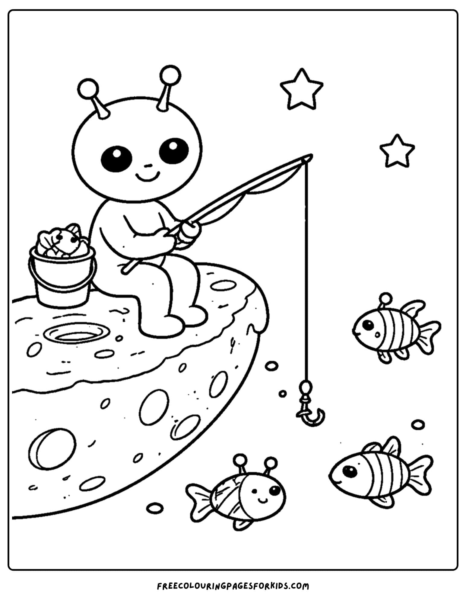 a coloring page of an alien fishing in space