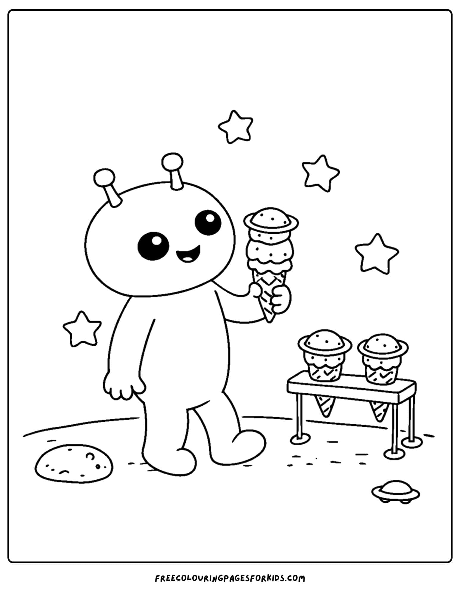 a coloring page of an alien eating ice cream