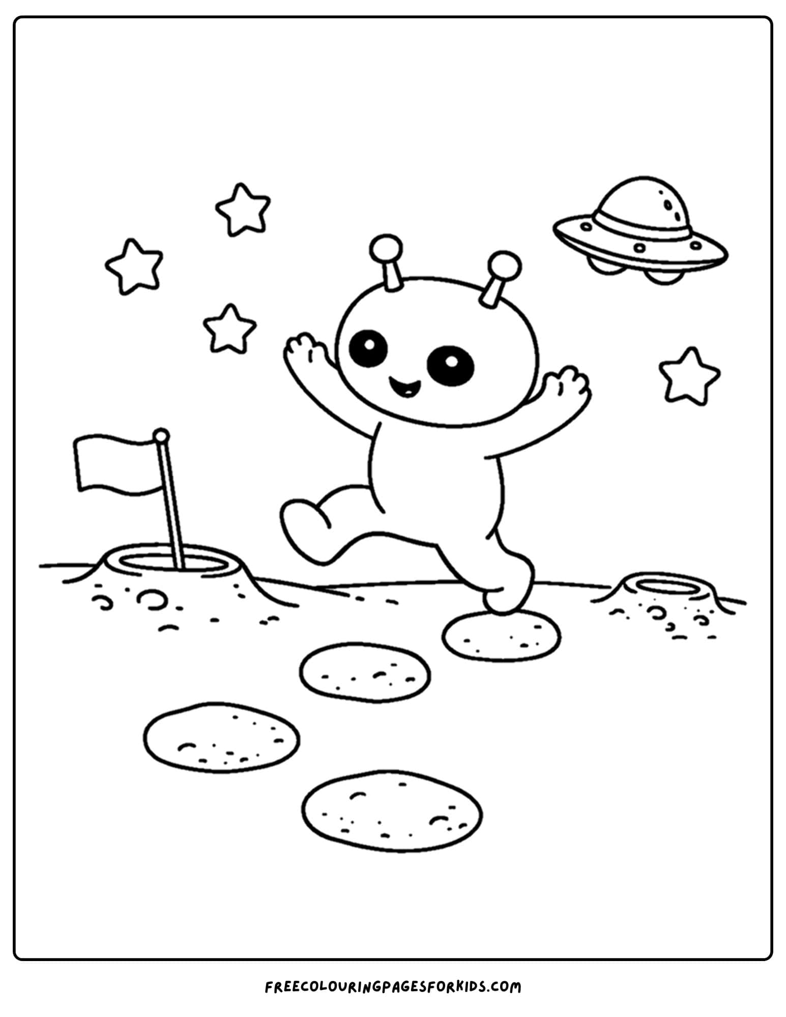 a coloring page of an alien hopping on the moon