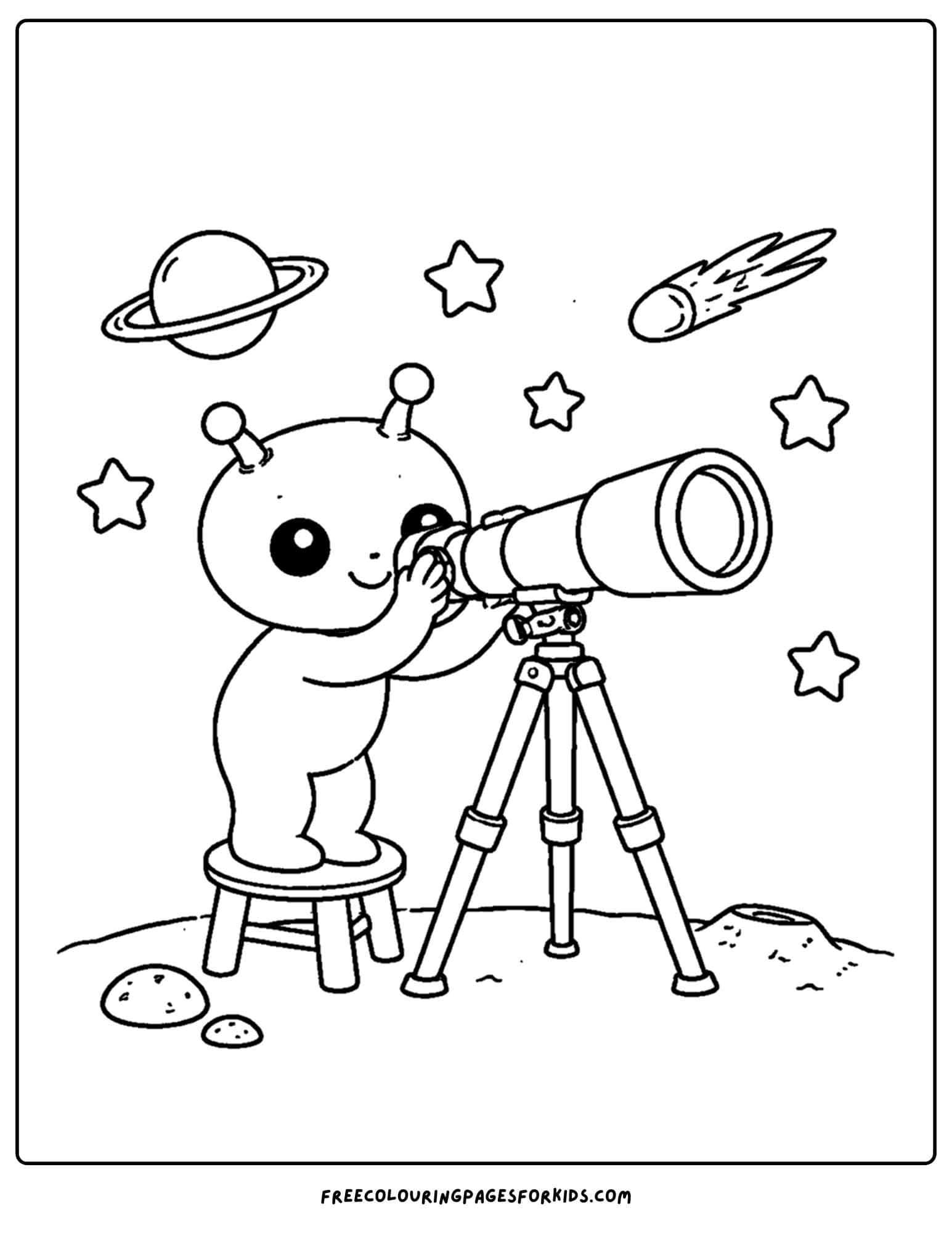 a coloring page of an alien looking through a telescope