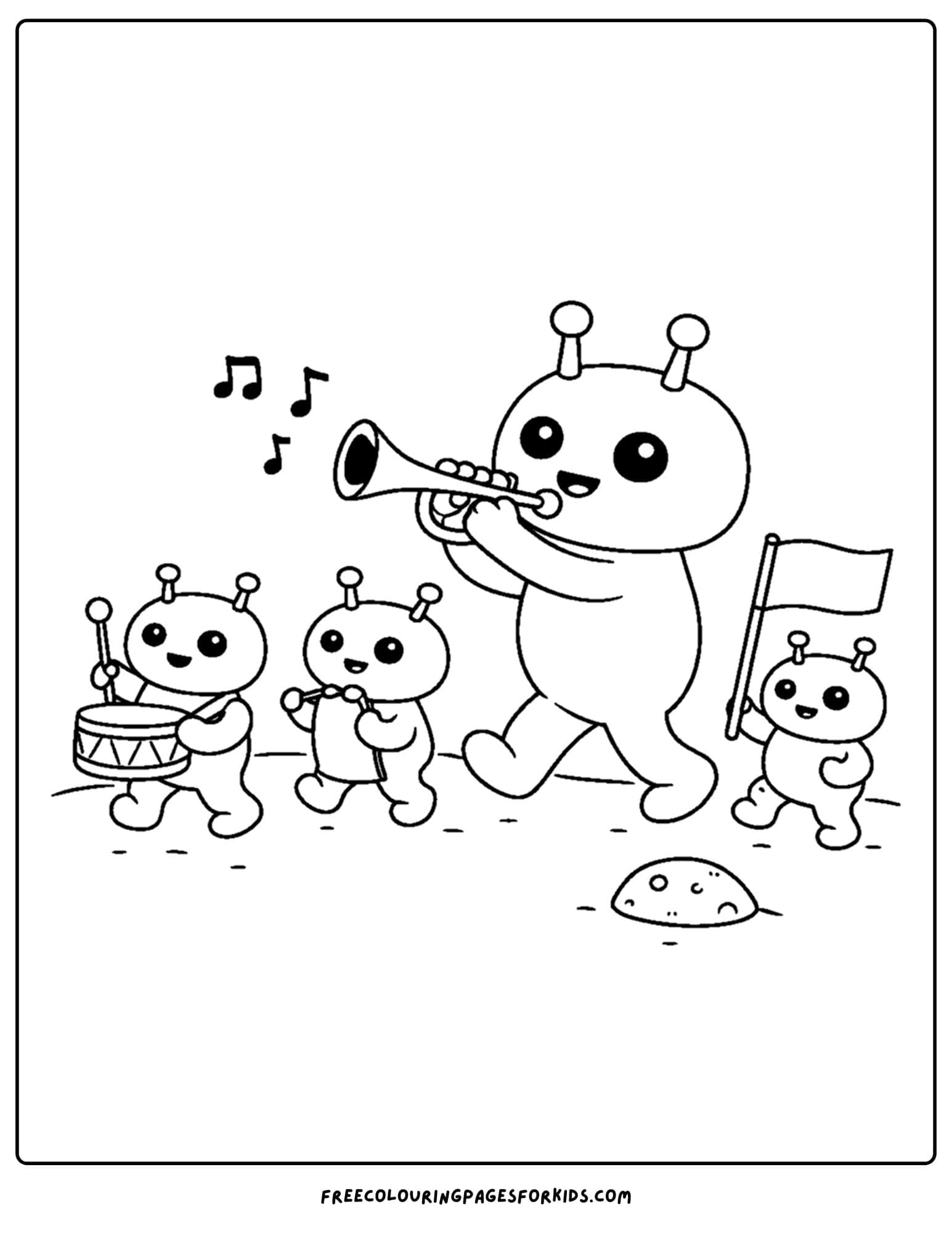a coloring page of an alien marching in a band