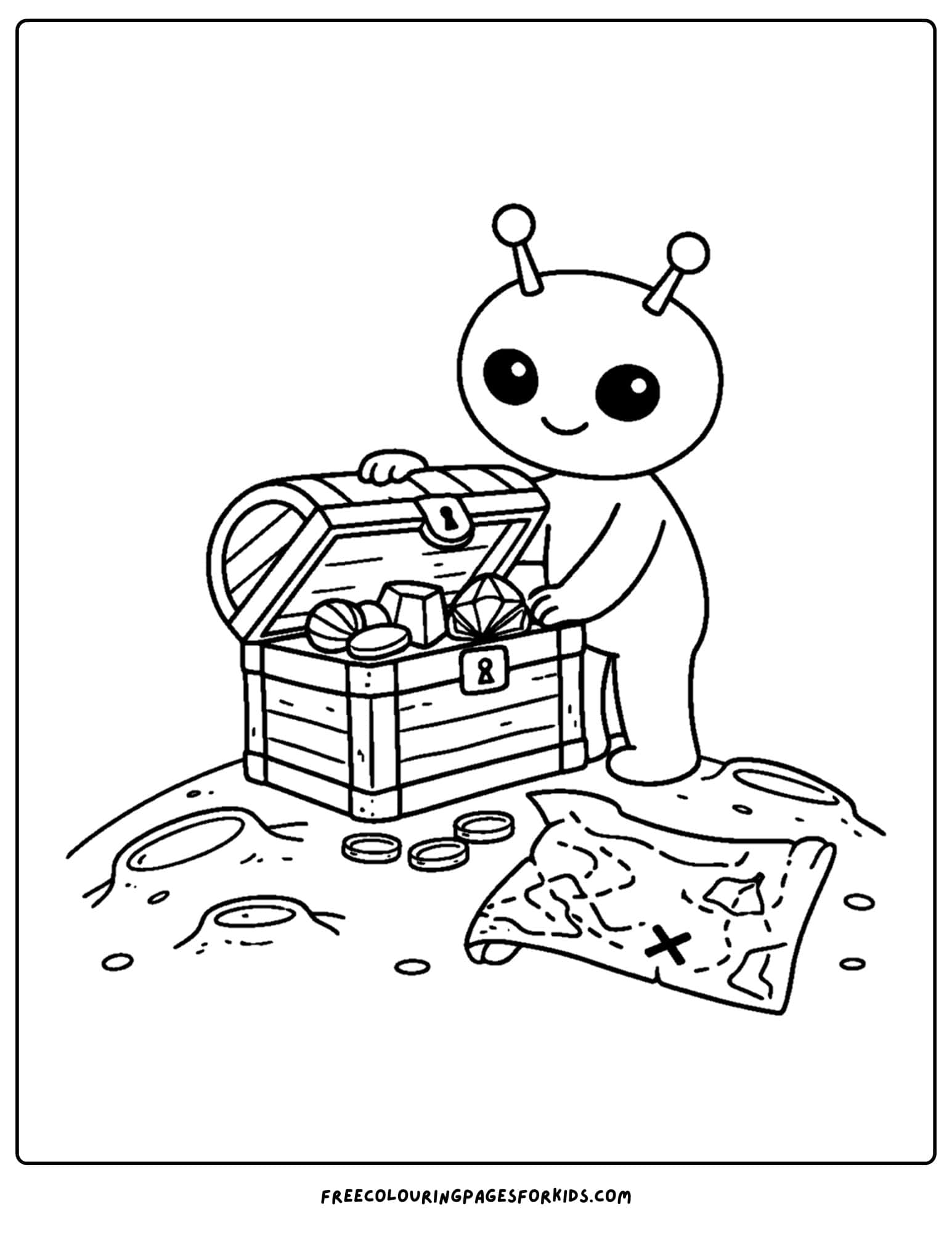 a coloring page of an alien opening a treasure chest