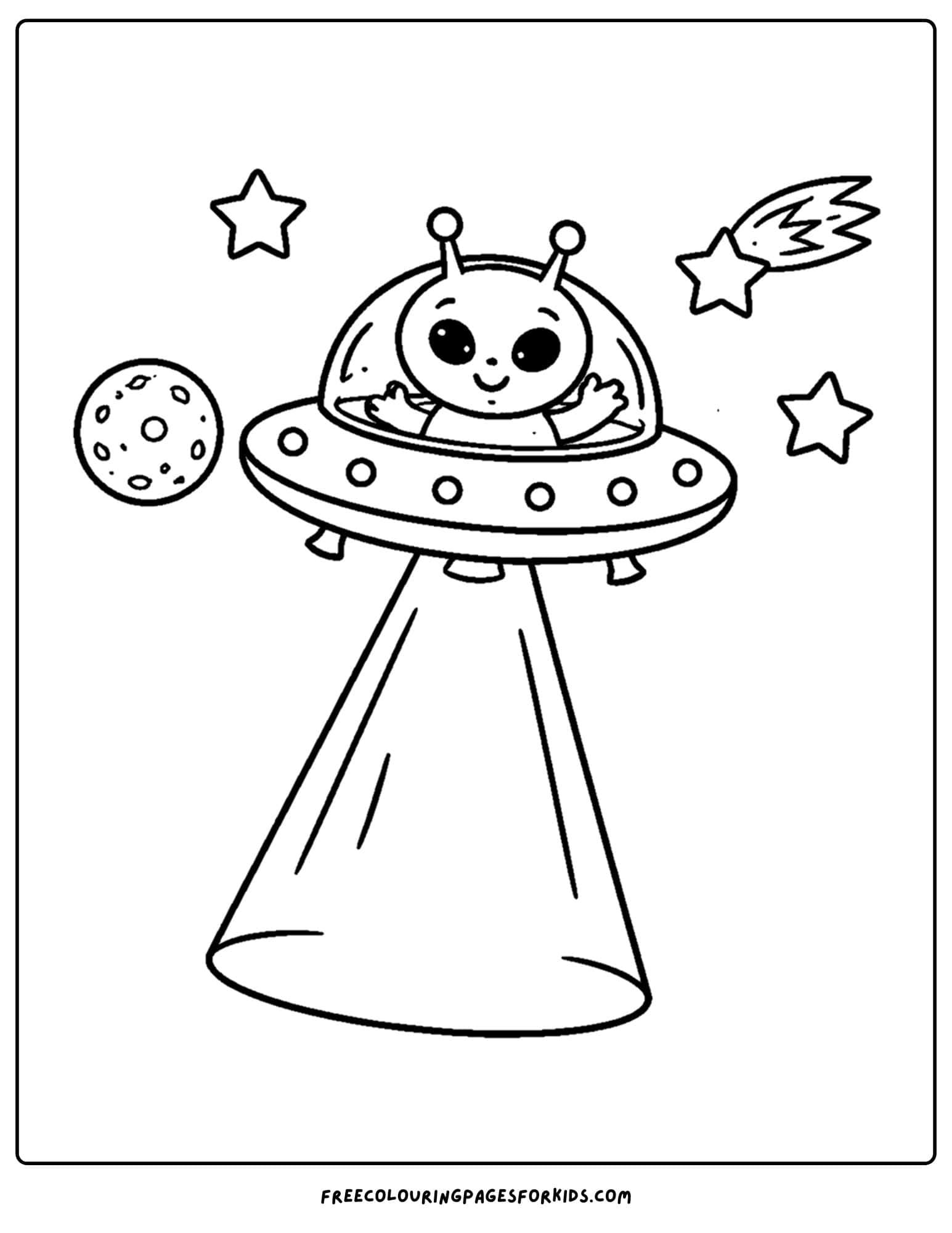 a coloring page of an alien flying in a flying saucer
