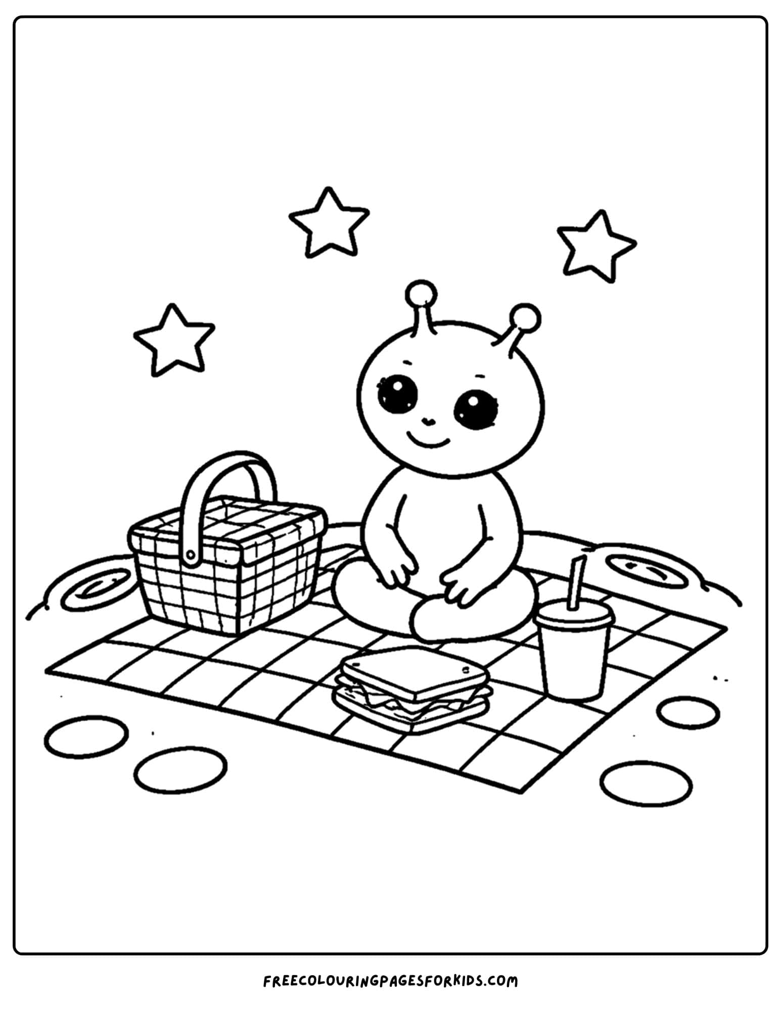 a coloring page of an alien having a picnic