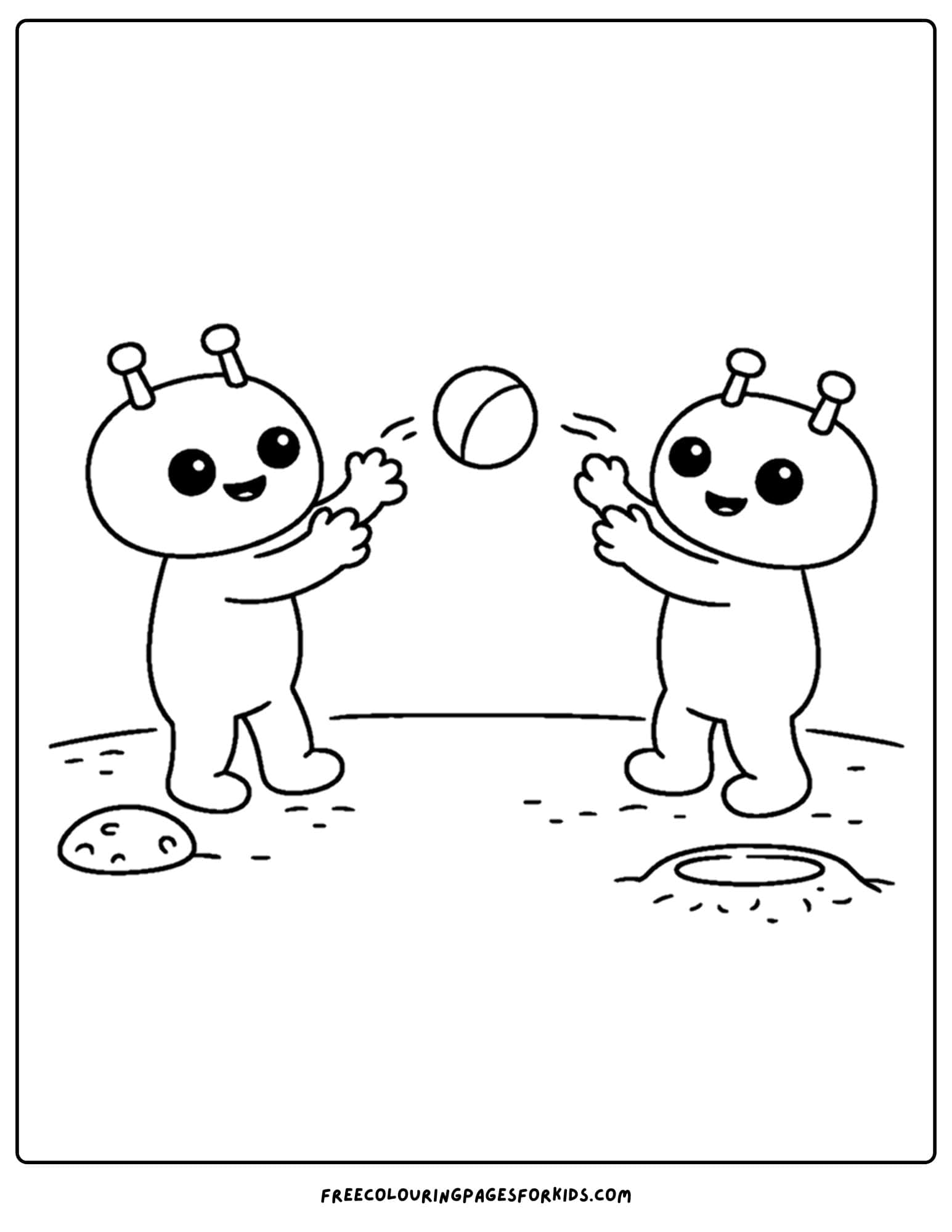 a coloring page of an alien tossing a ball with another alien