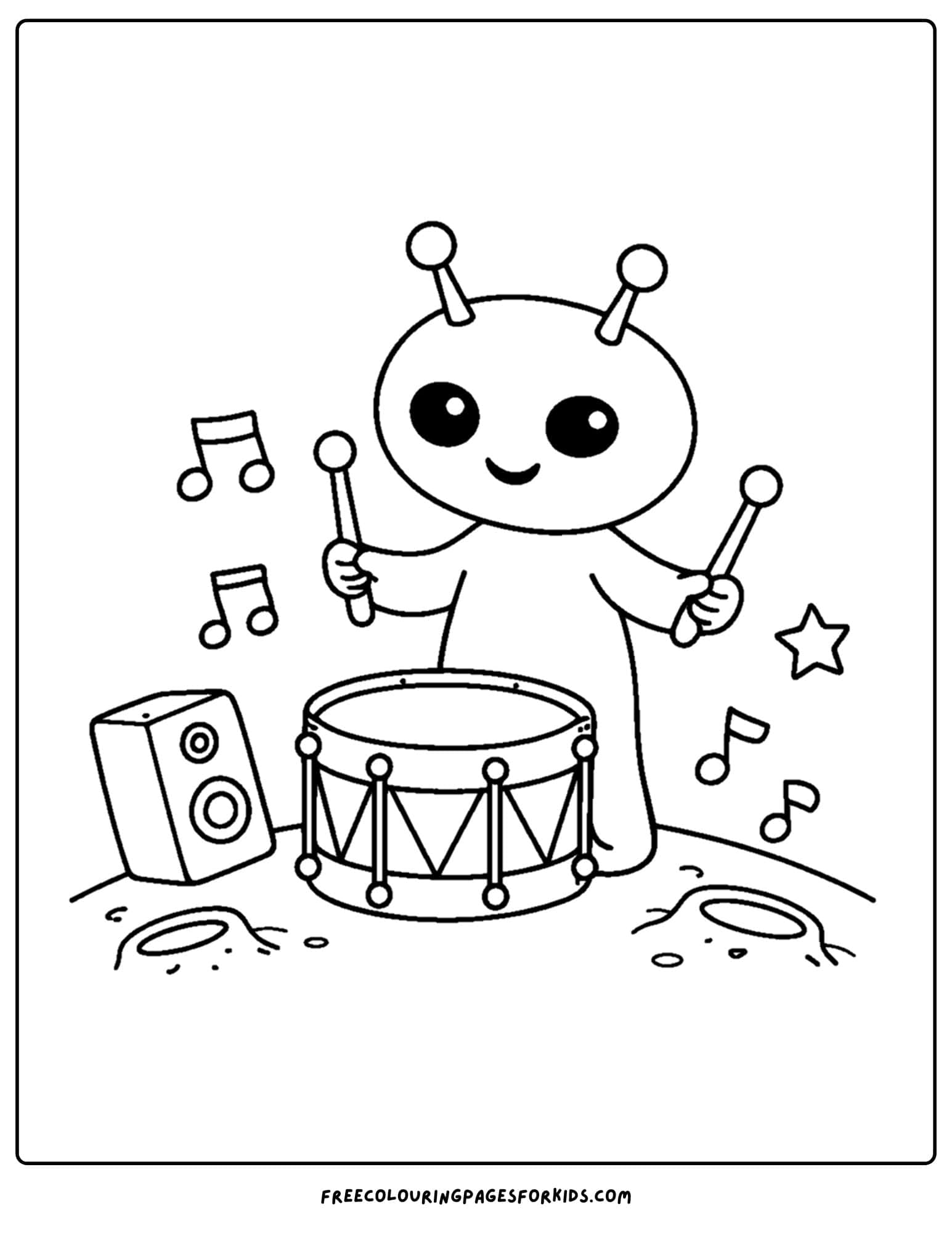a coloring page of an alien playing the drums