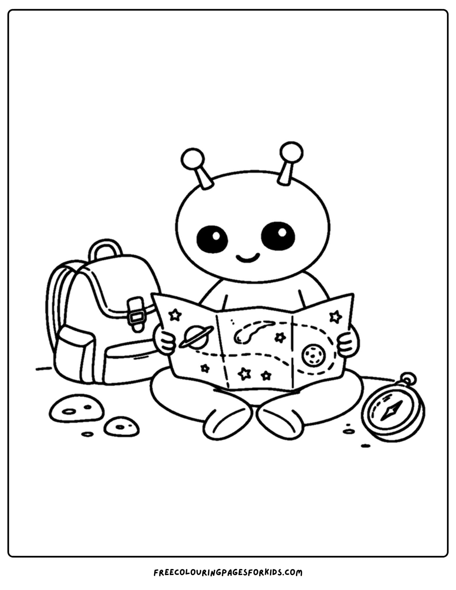 a coloring page of an alien reading a map