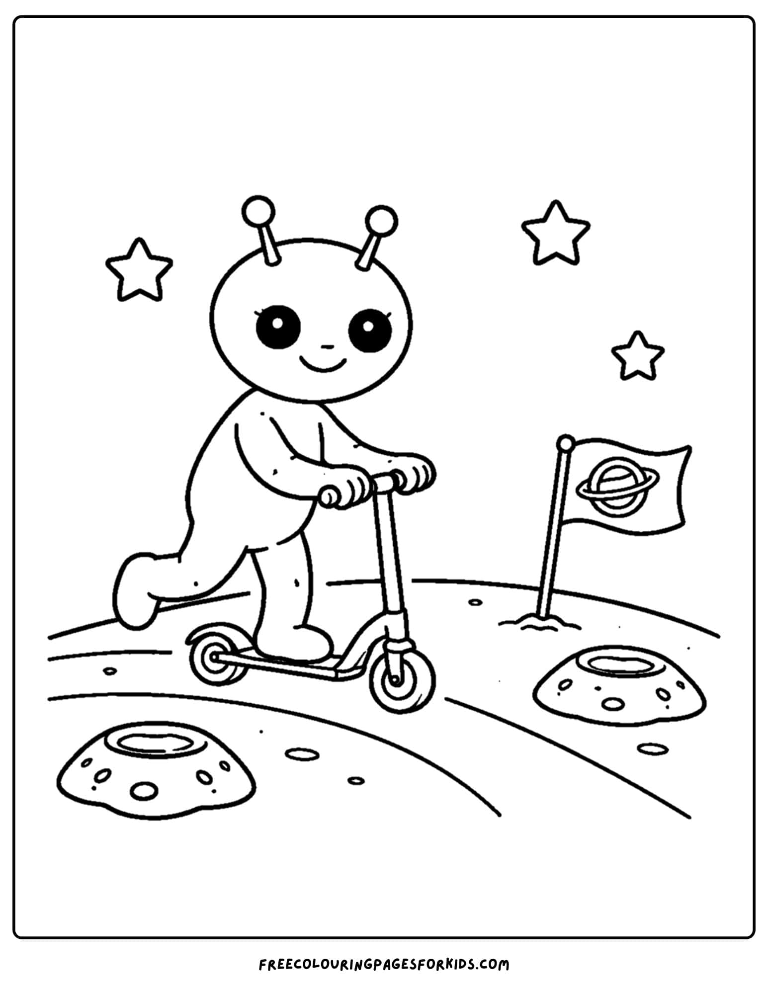 a coloring page of an alien riding a scooter on the moon