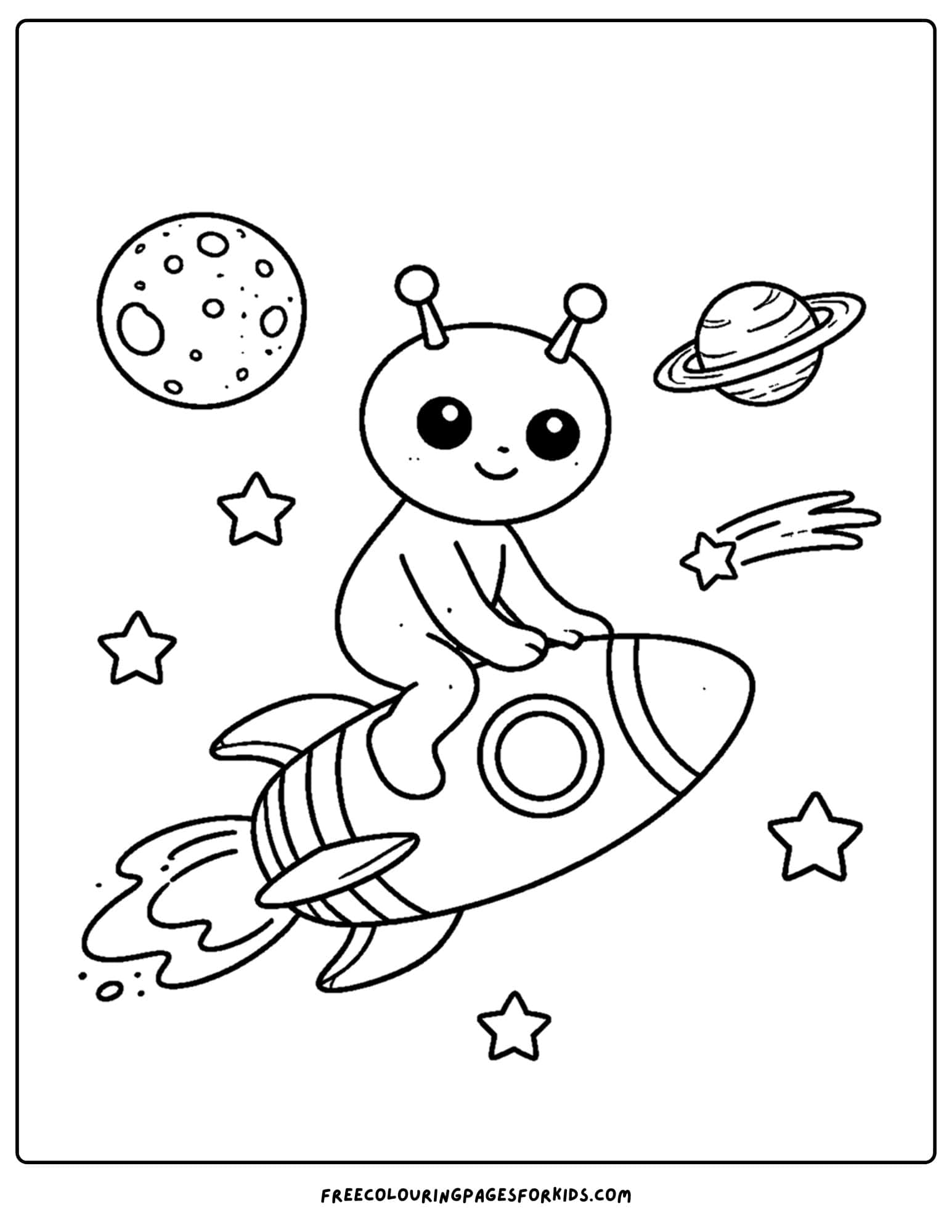 a coloring page of an alien riding a rocket