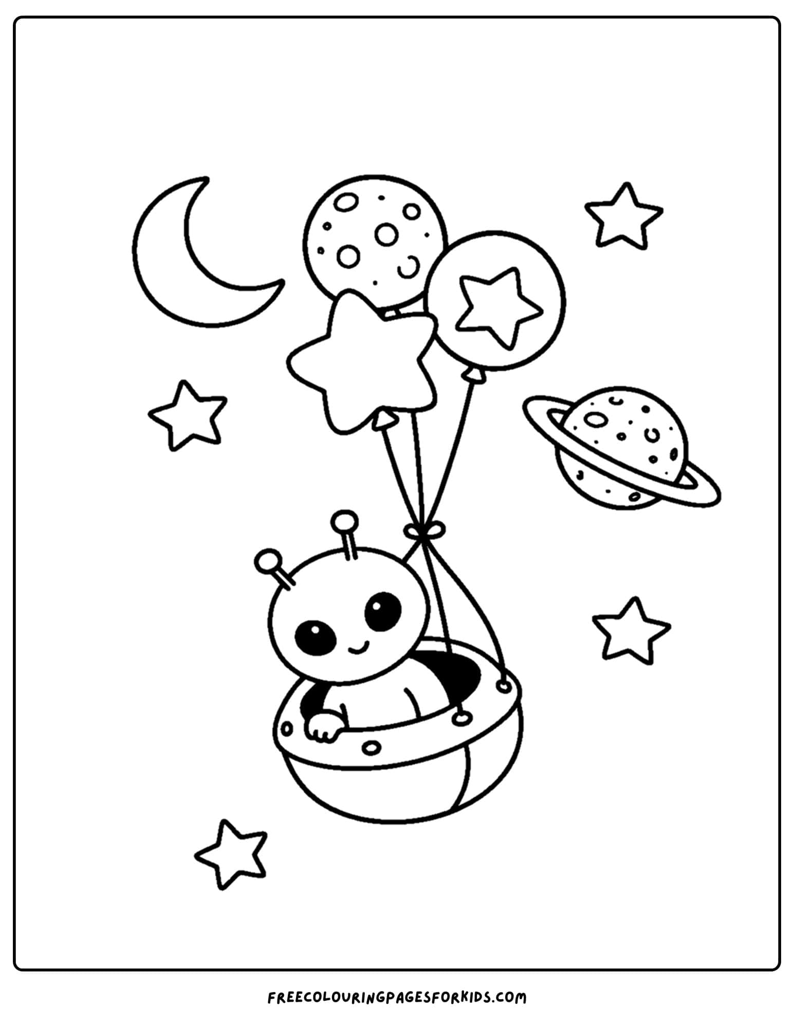 a coloring page of an alien with balloons