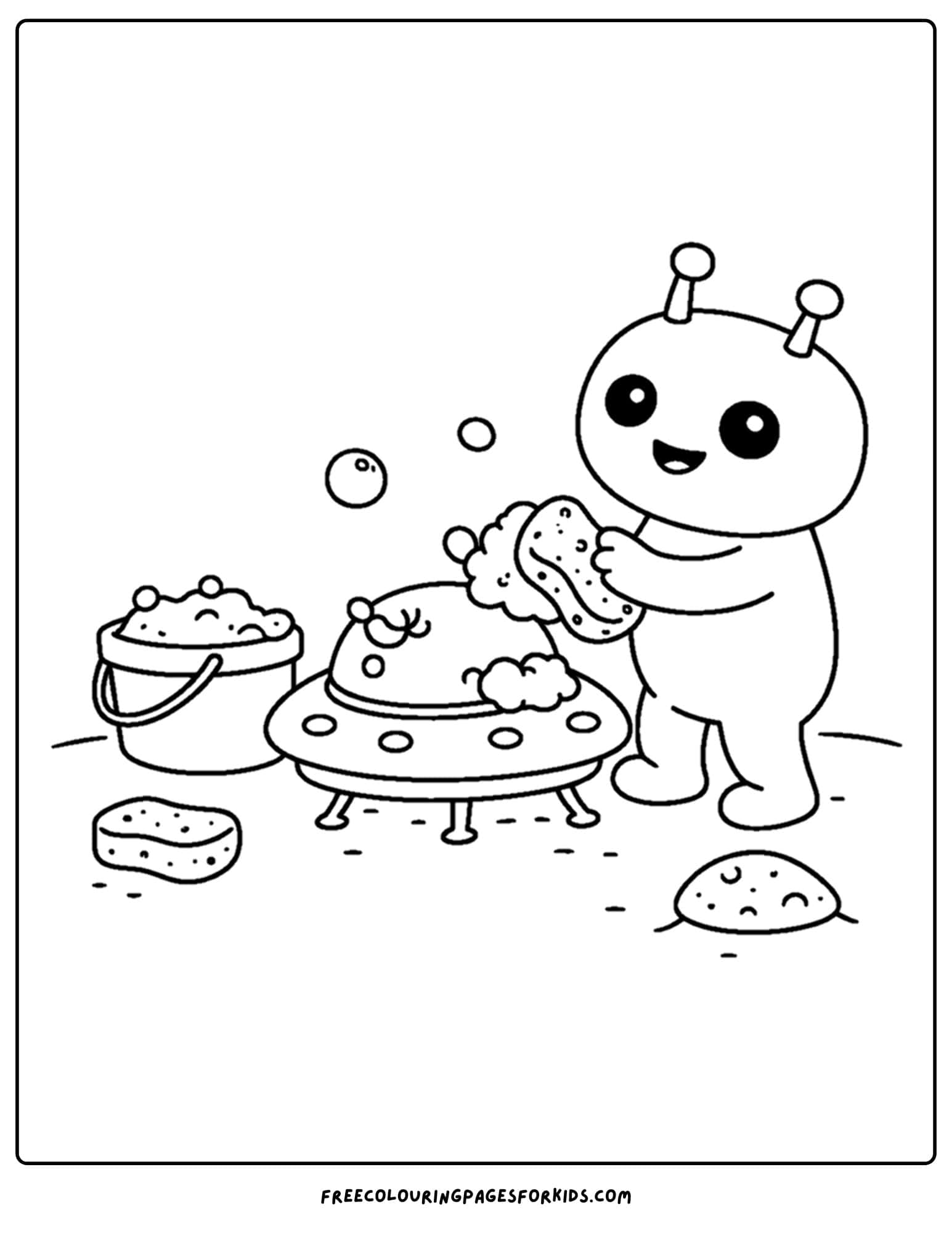 a coloring page of an alien washing a flying saucer