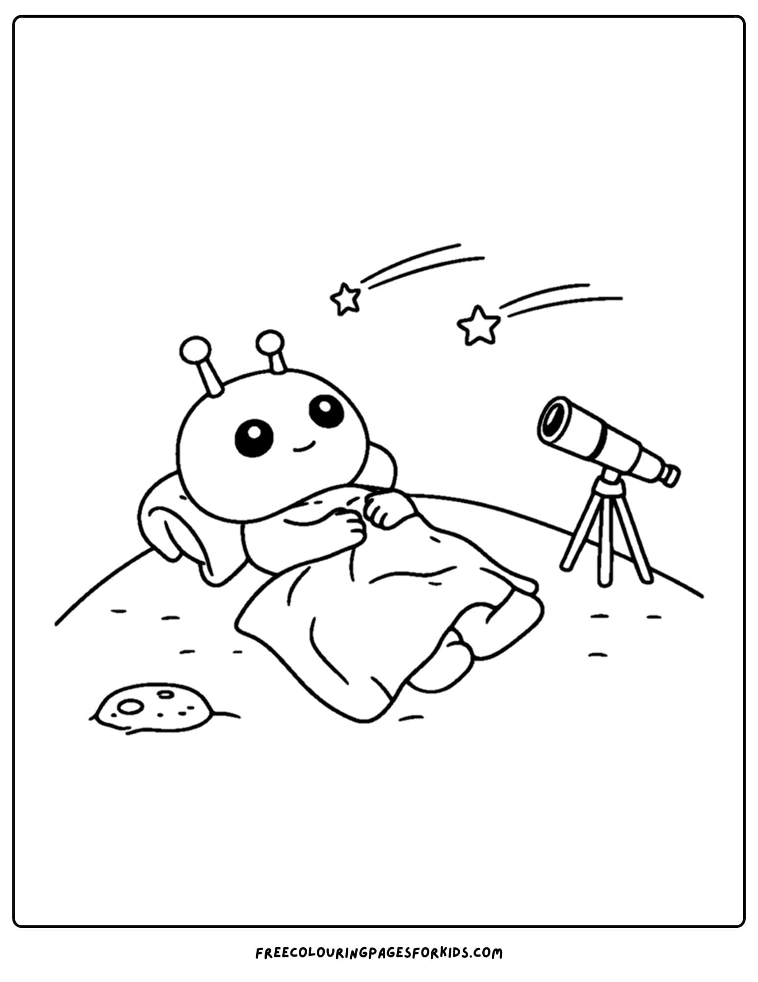 a coloring page of an alien watching shooting stars