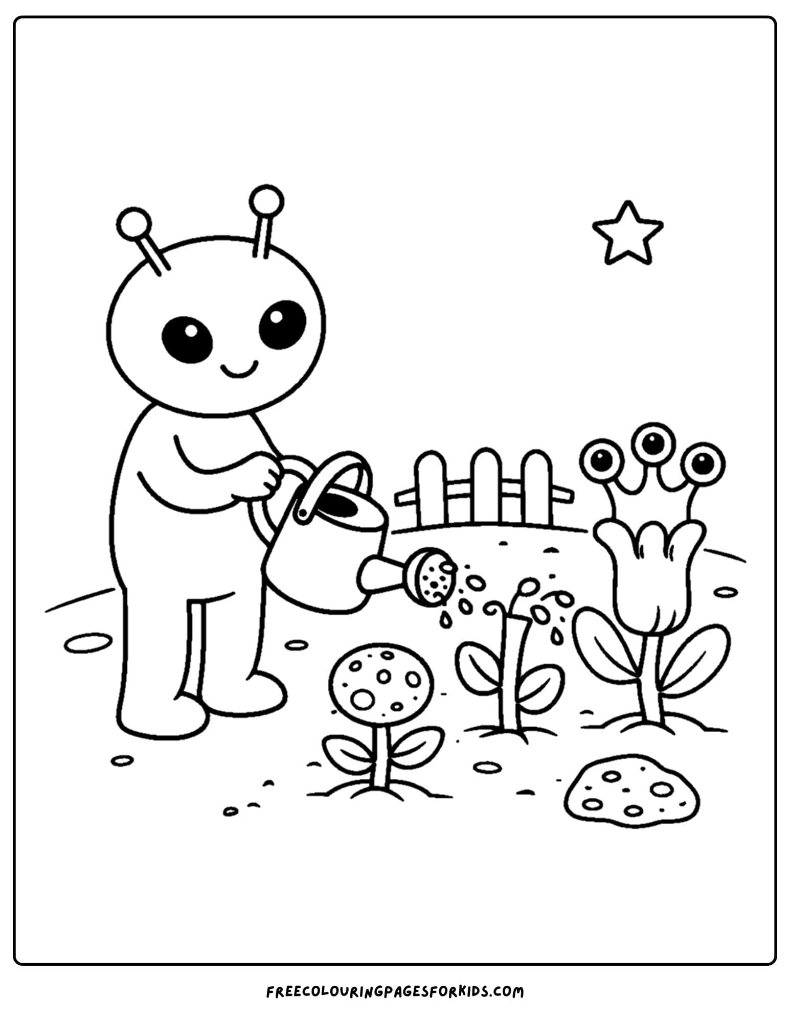 a coloring page of an alien watering space plants