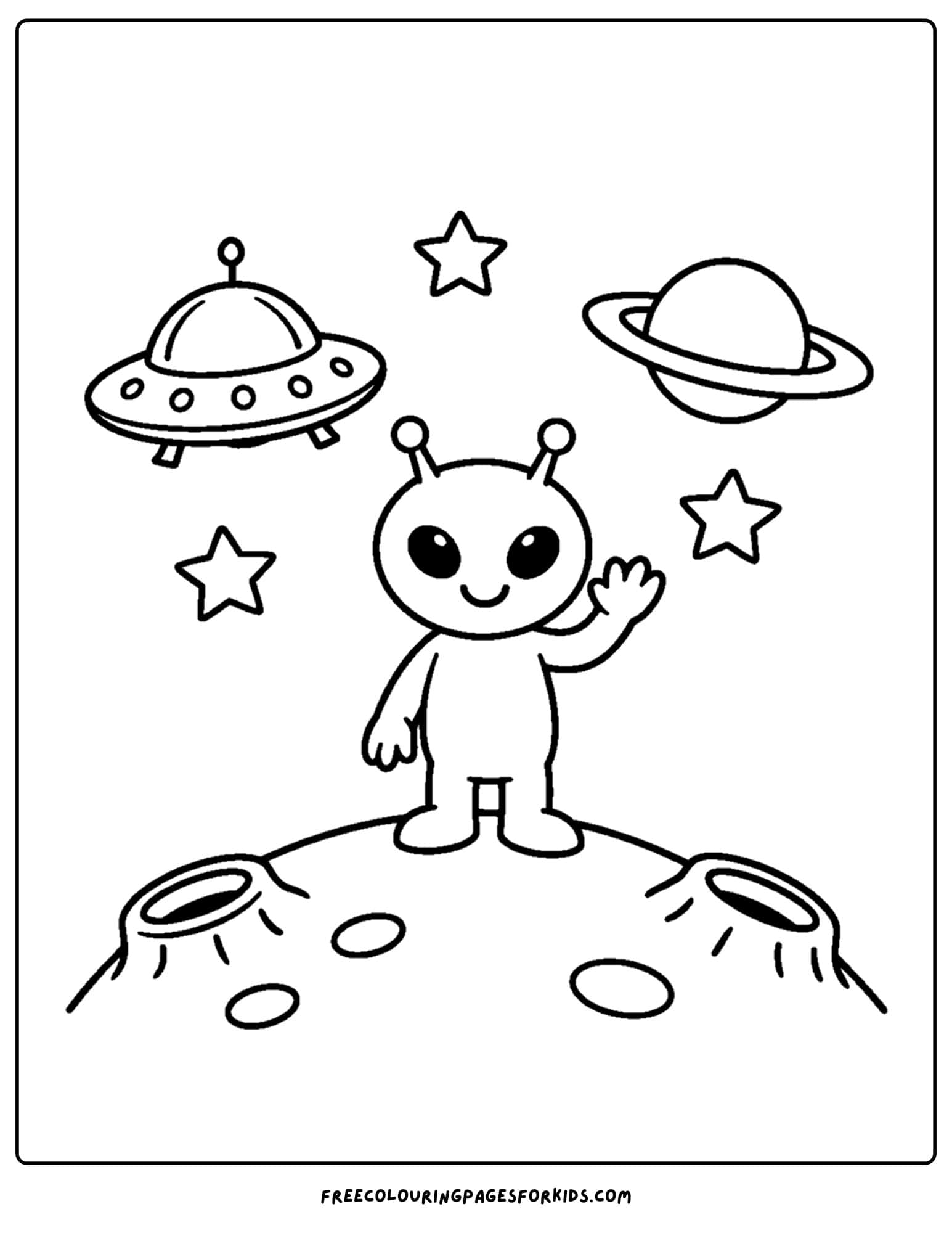 a coloring page of an alien waving on the moon