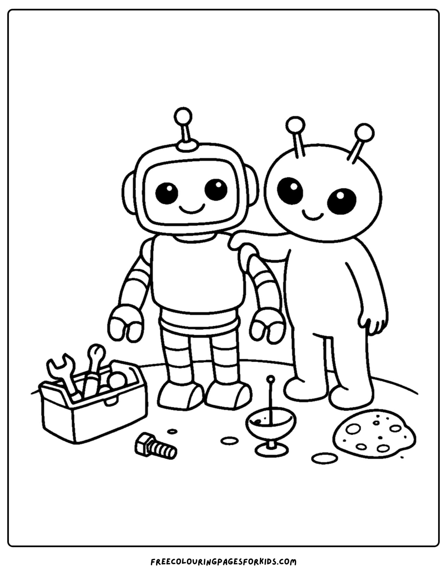 a coloring page of an alien with a robot friend