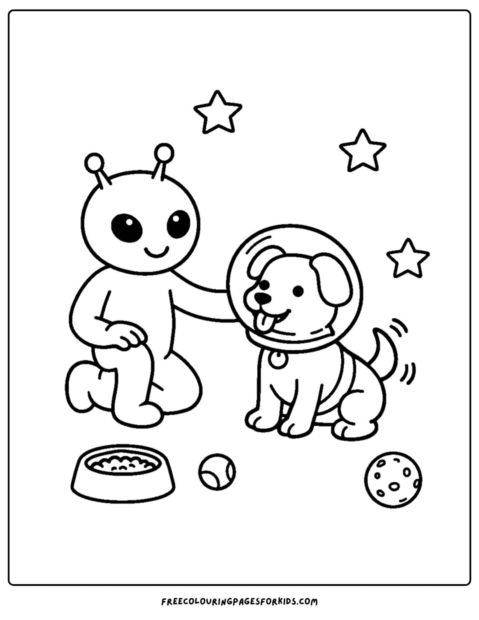 a coloring page of an alien with a space dog