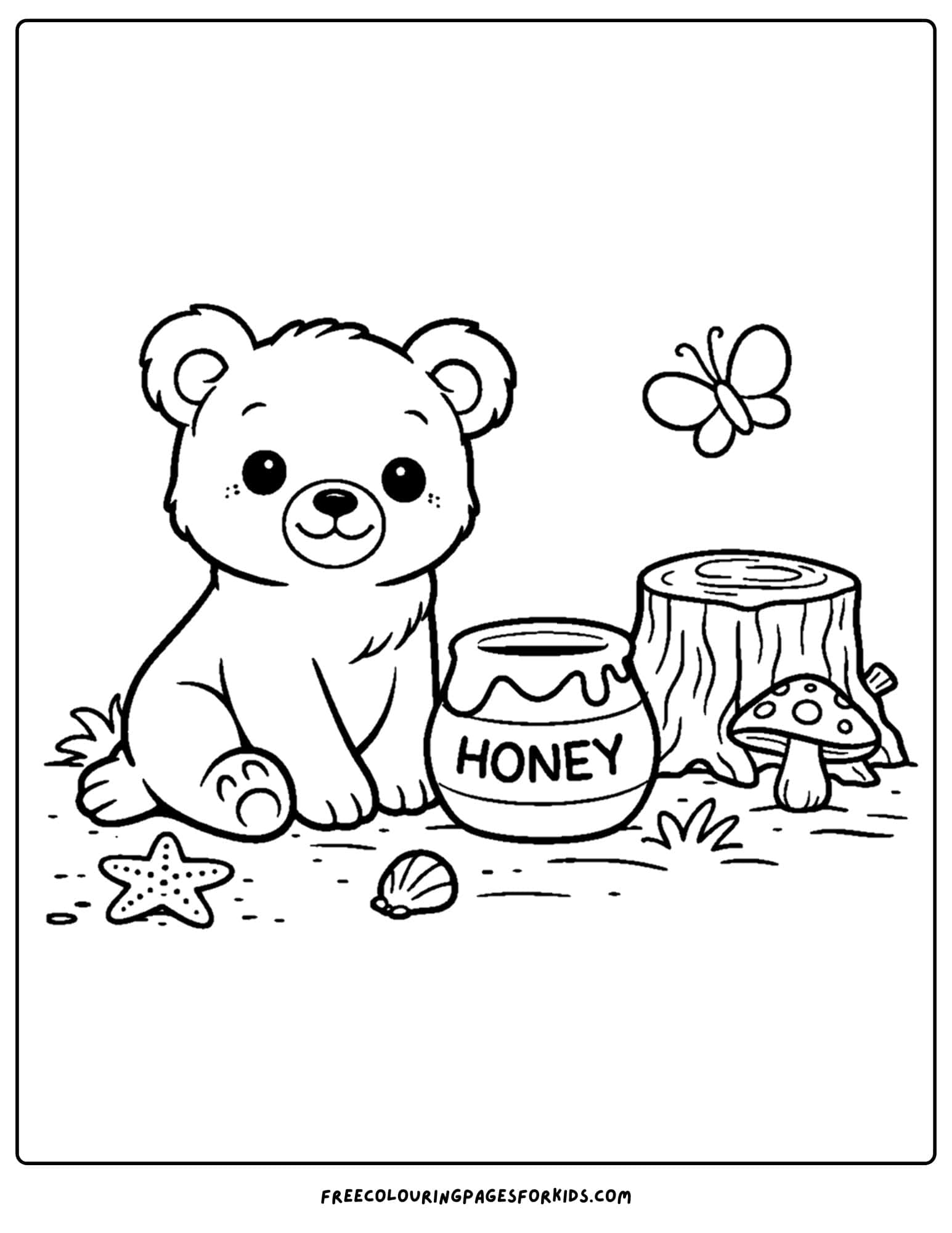 an animal coloring page showing a bear with a pot of honey
