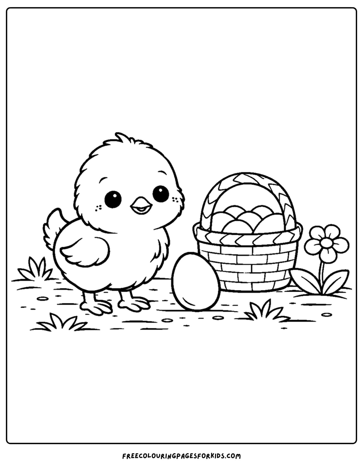an animal coloring page showing a chick next to a basket and an egg