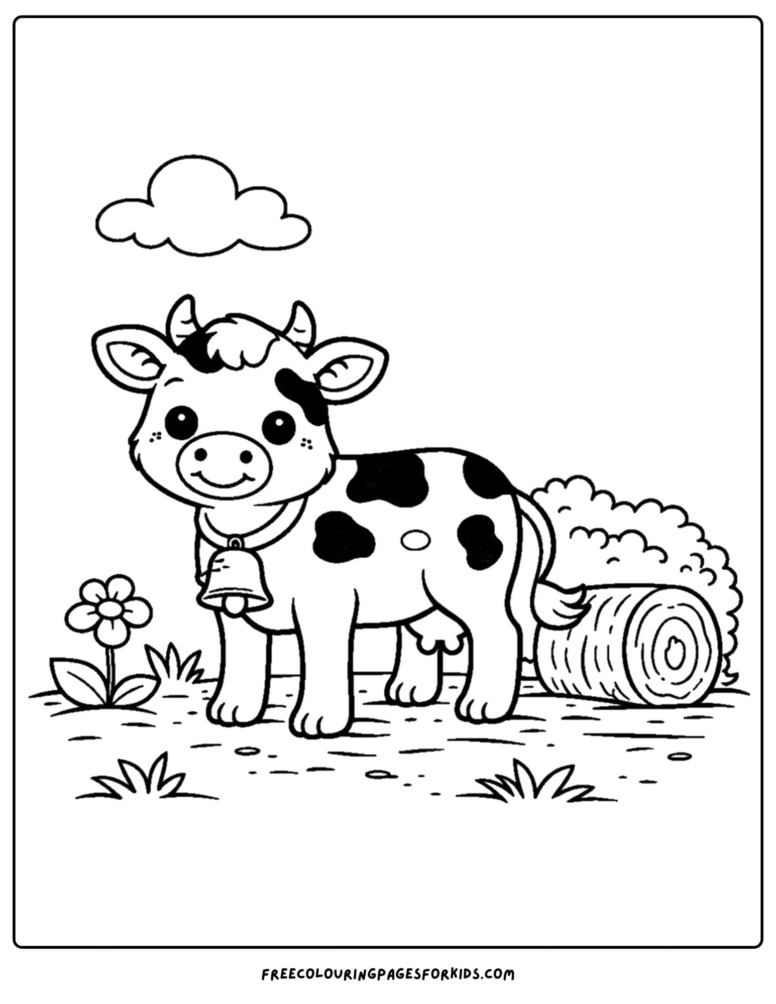 an animal coloring page showing a cow wearing a bell in a field