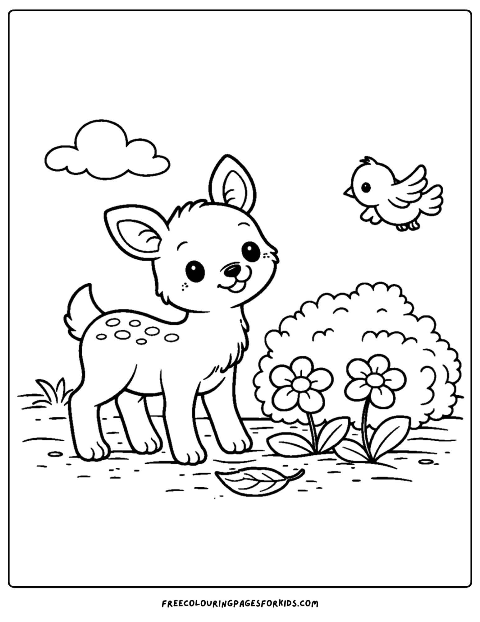an animal coloring page showing a deer in a meadow