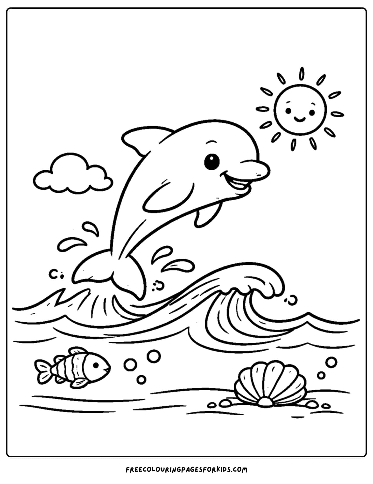 an animal coloring page showing a dolphin leaping over a wave