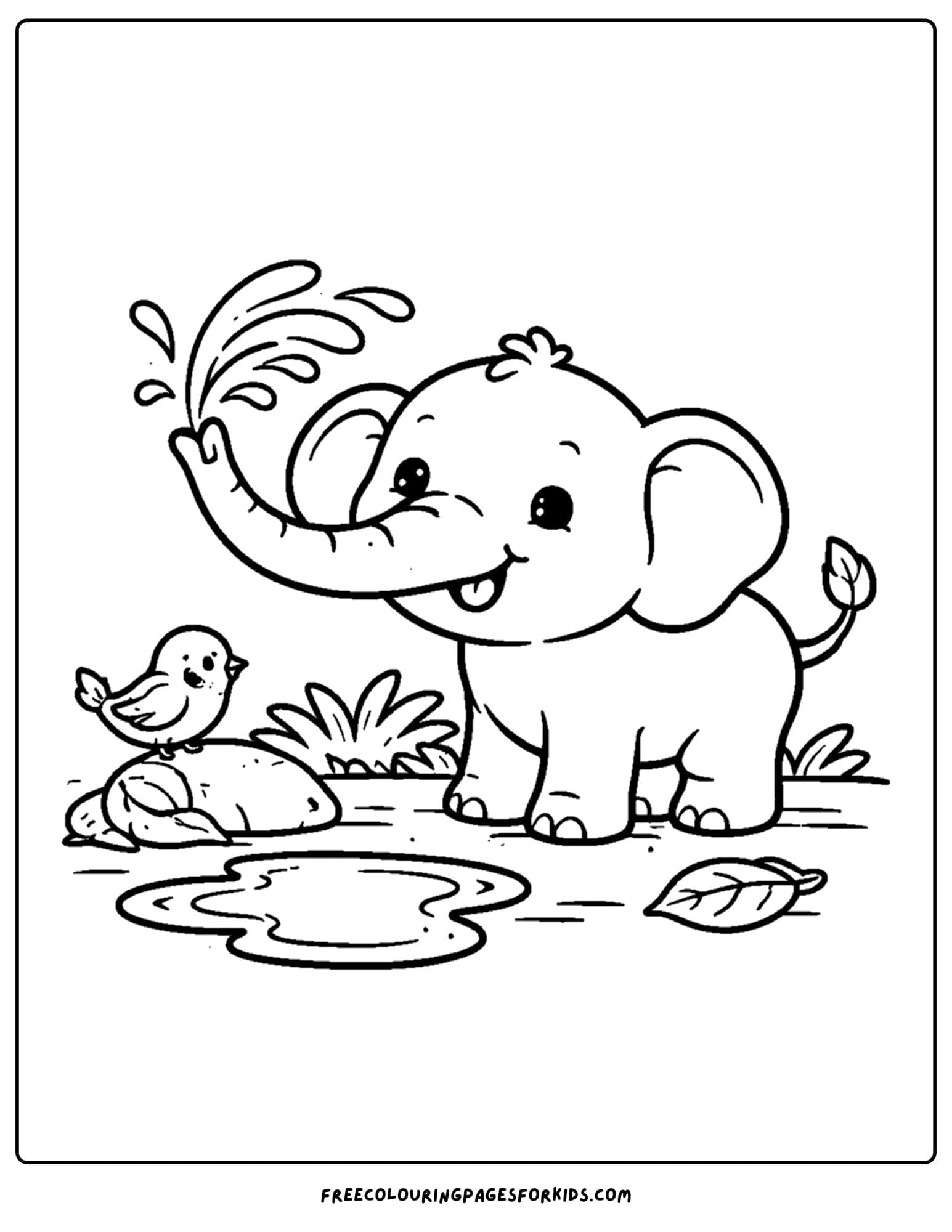 an animal coloring page showing an elephant spraying water