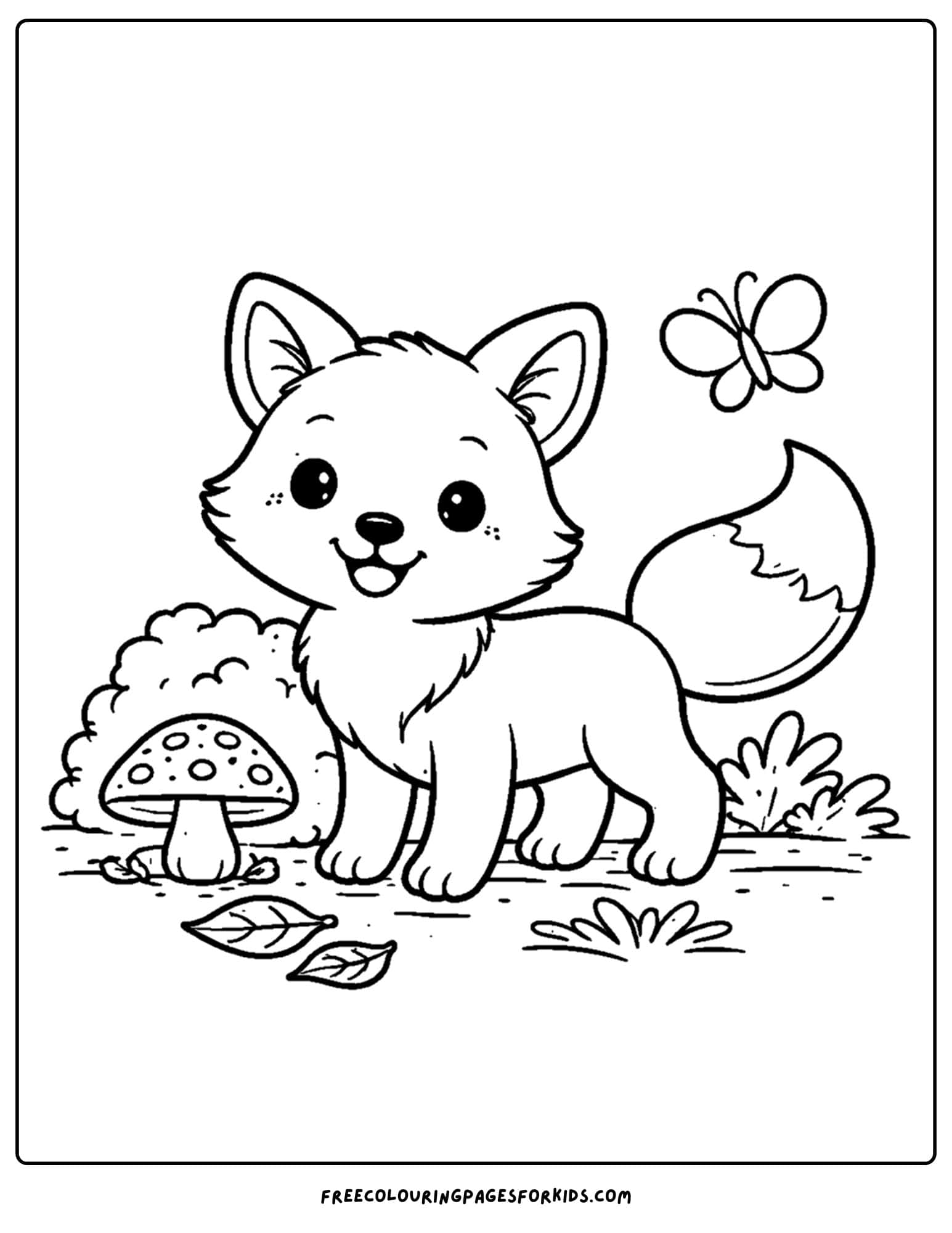an animal coloring page showing a fox next to a bush and mushroom