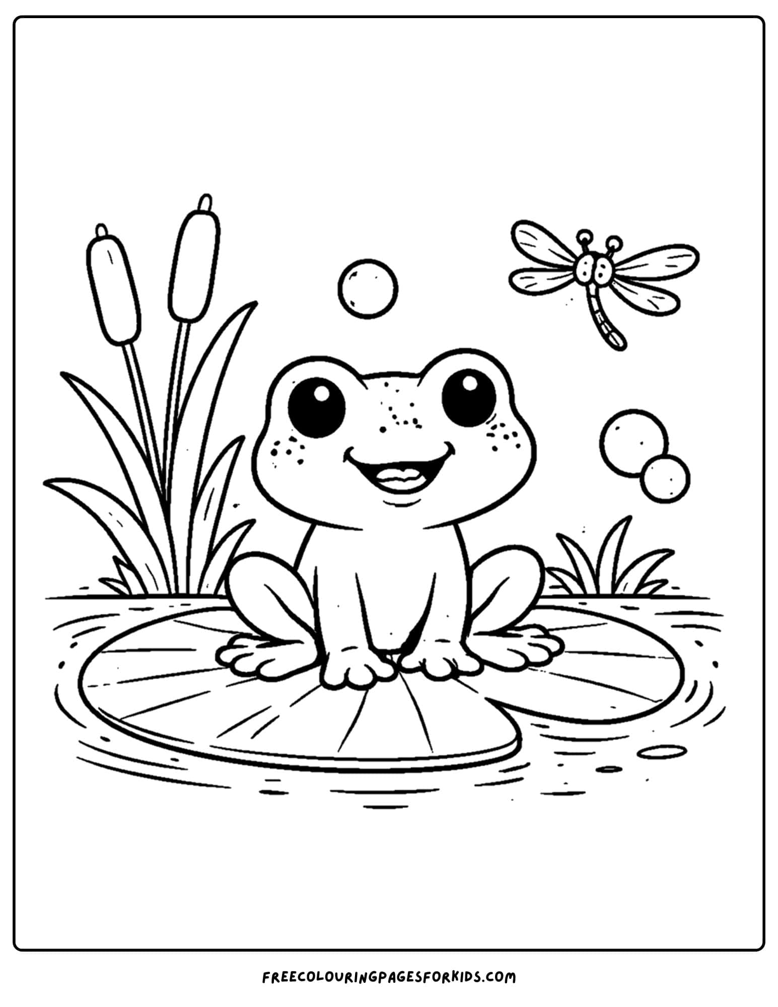 an animal coloring page showing a frog on a lilypad
