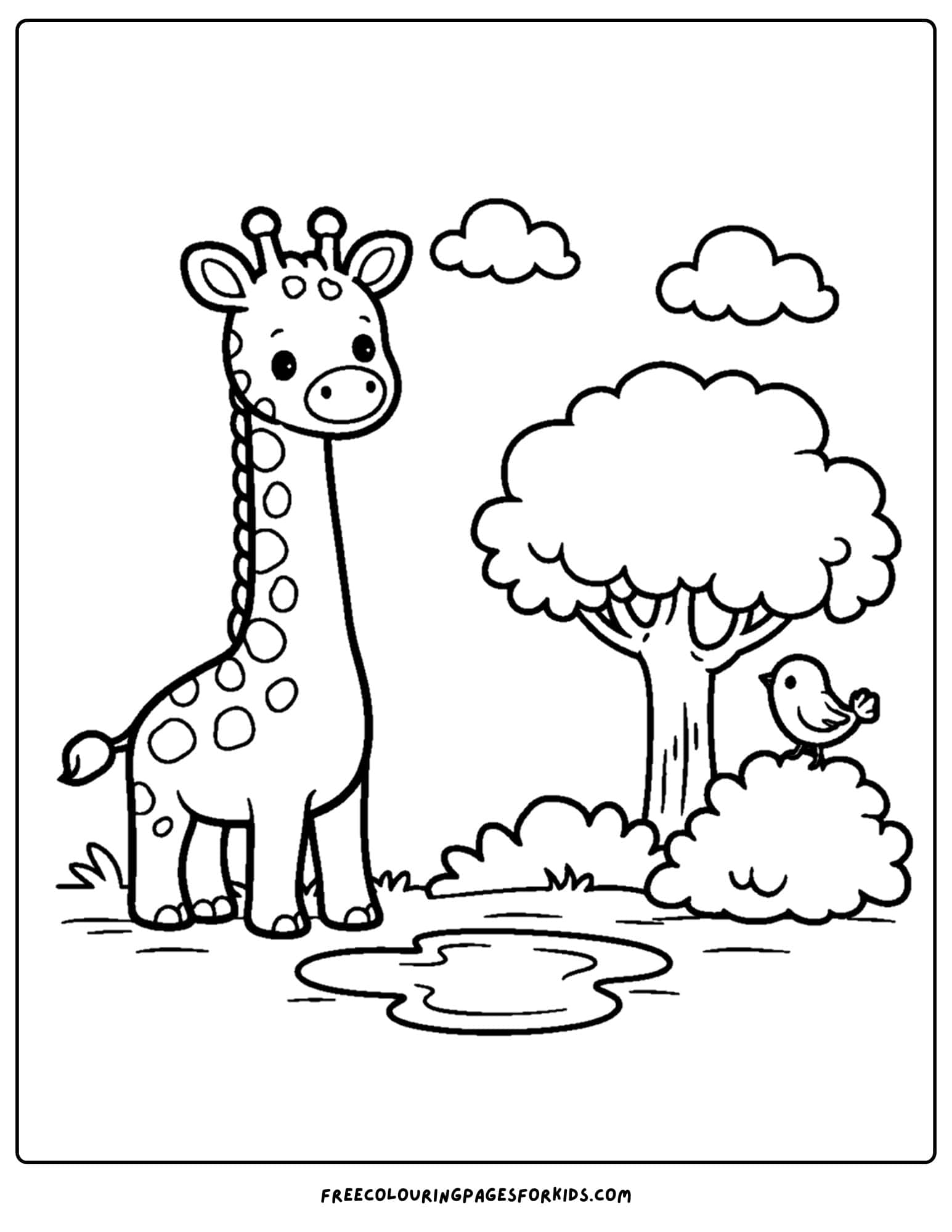 an animal coloring page showing a giraffe next to a tree