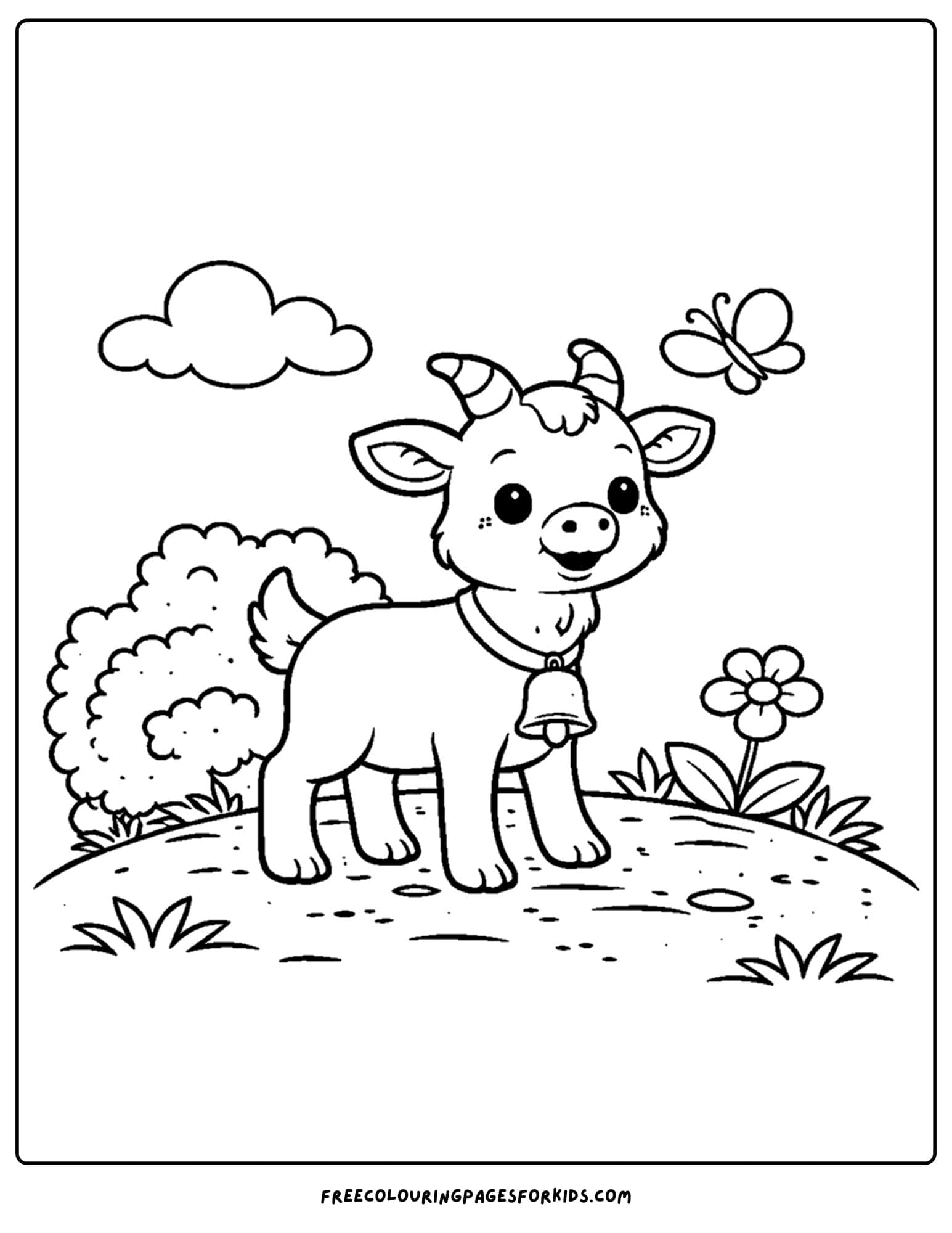 an animal coloring page showing a goat on a hill