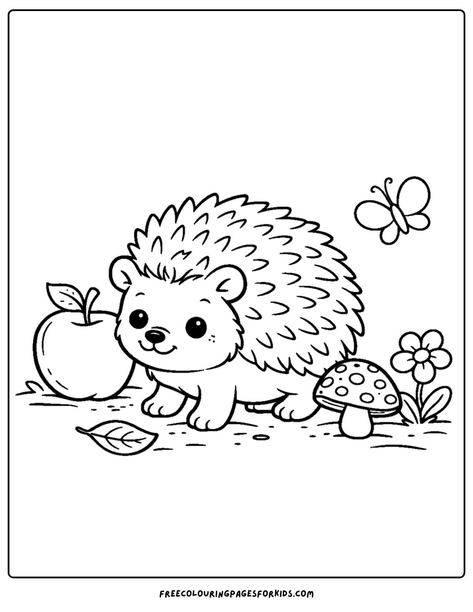 an animal coloring page showing a hedgehog next to an apple and a mushroom