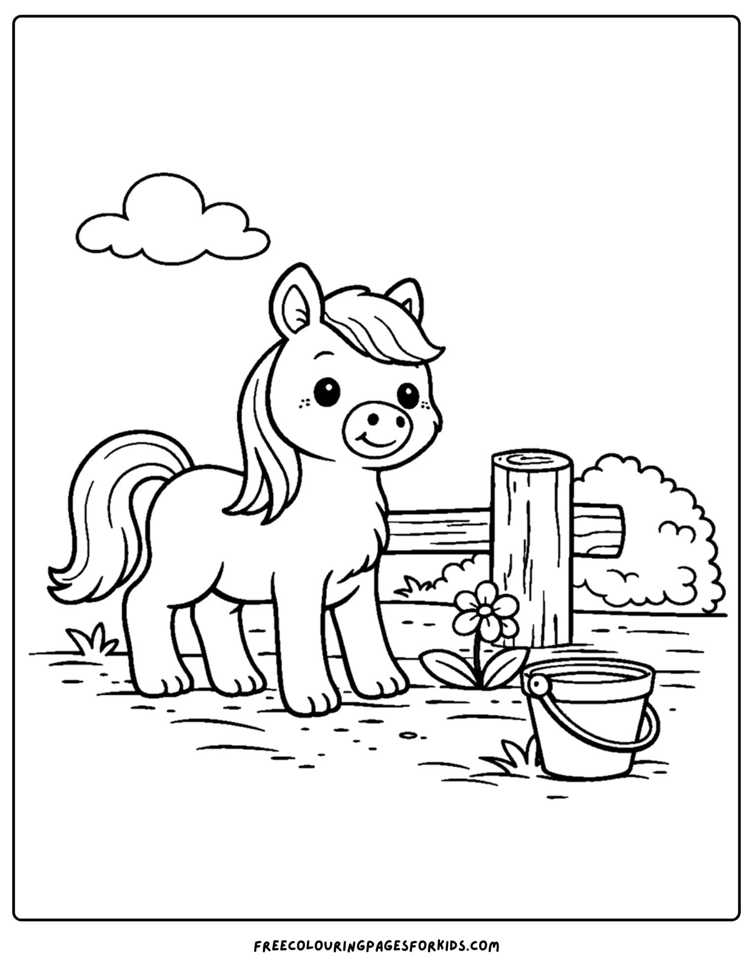 an animal coloring page showing a horse in a field