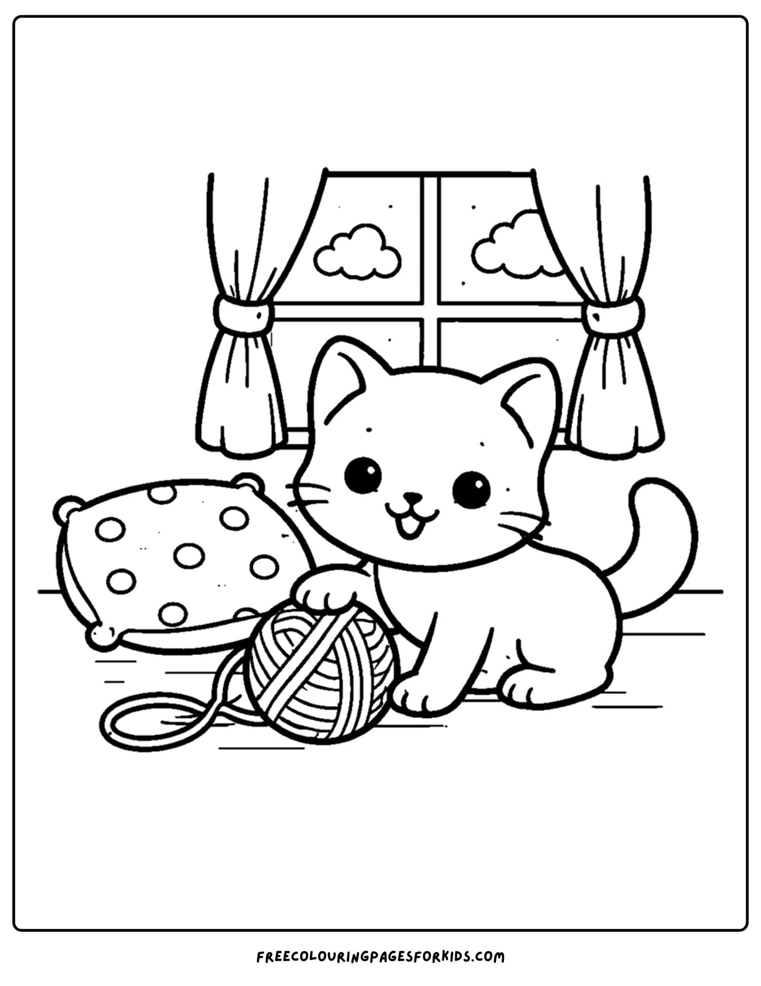 an animal coloring page showing a kitten playing with some yarn under a window