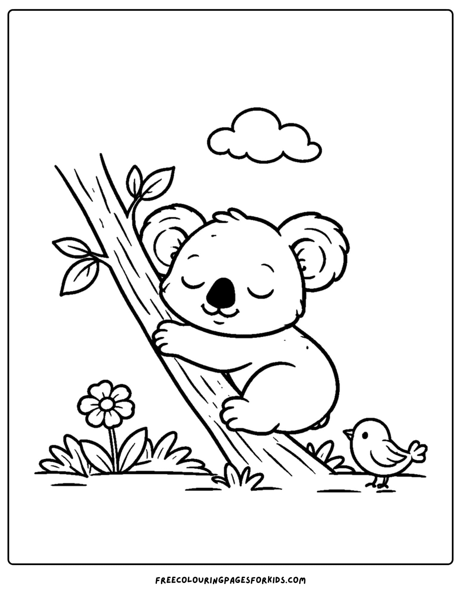 an animal coloring page showing a koala asleep in a tree