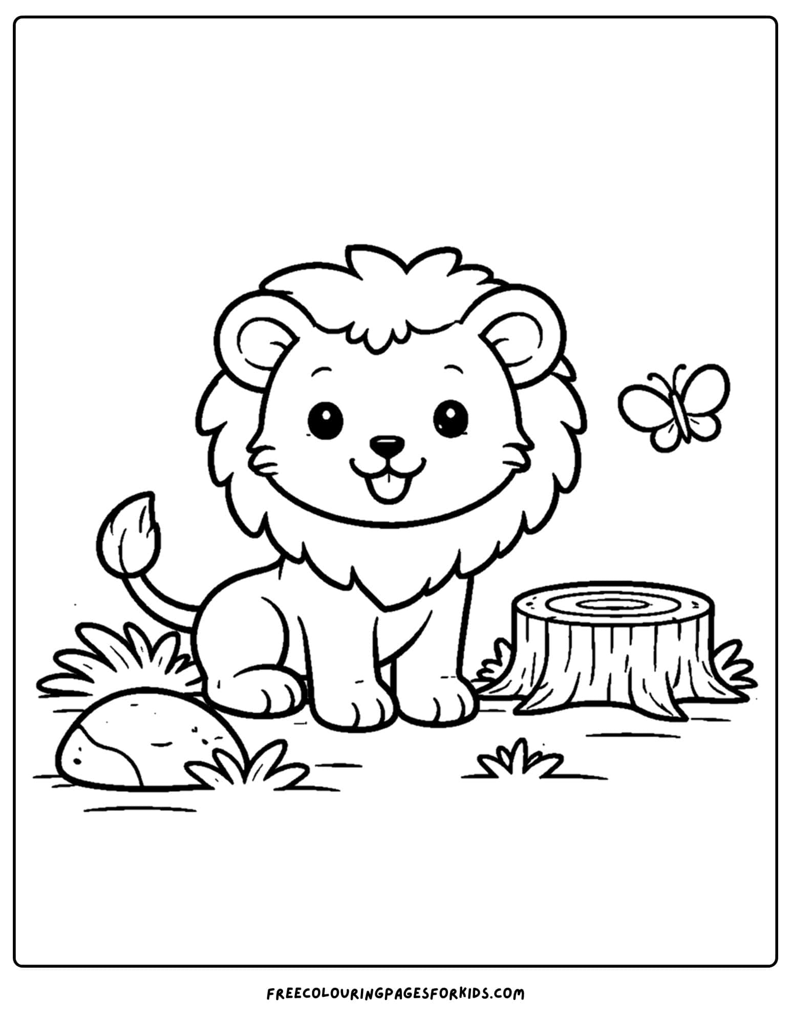 an animal coloring page showing a lion cub sitting next to a tree stump