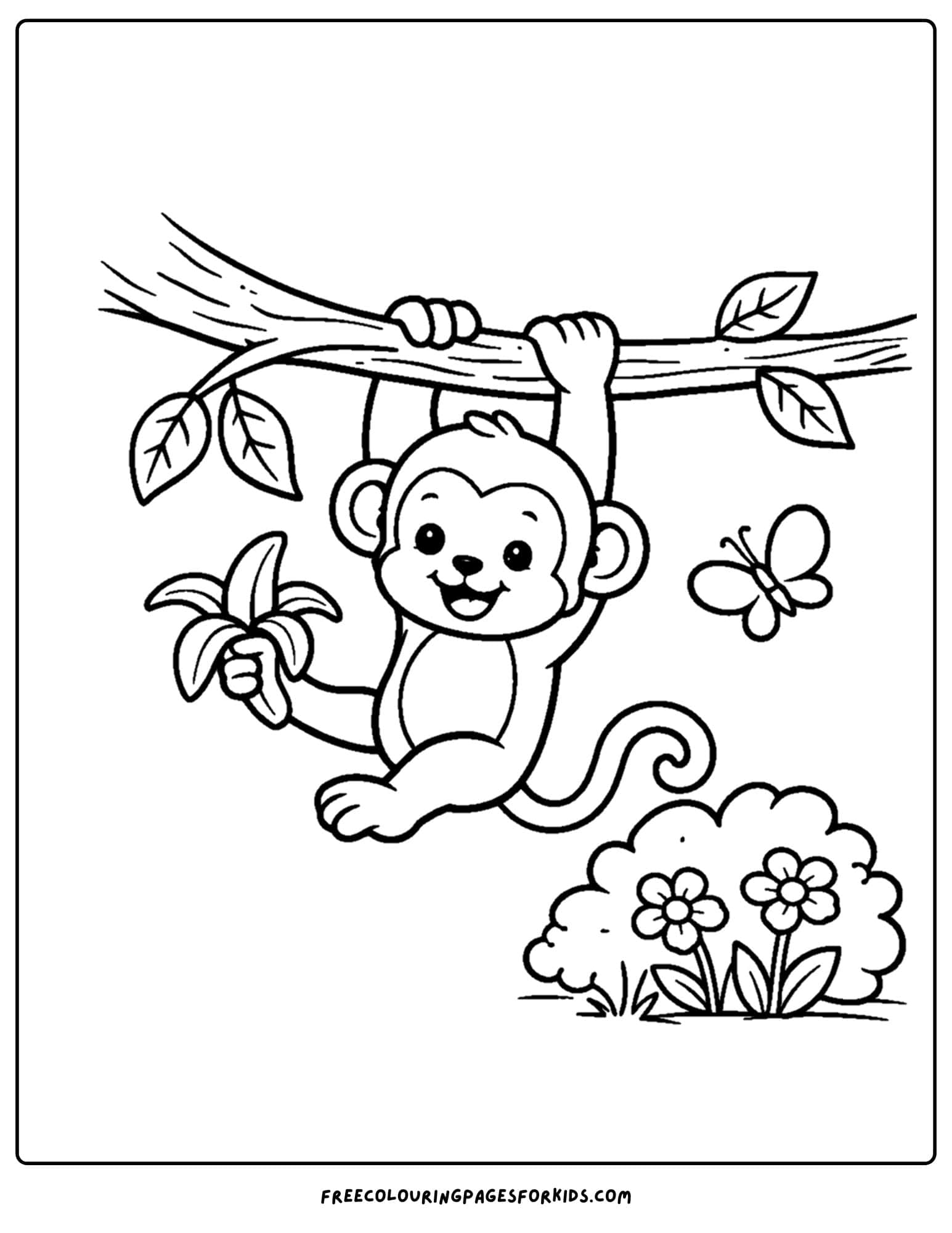 an animal coloring page showing a monkey hanging from a vine while holding a banana
