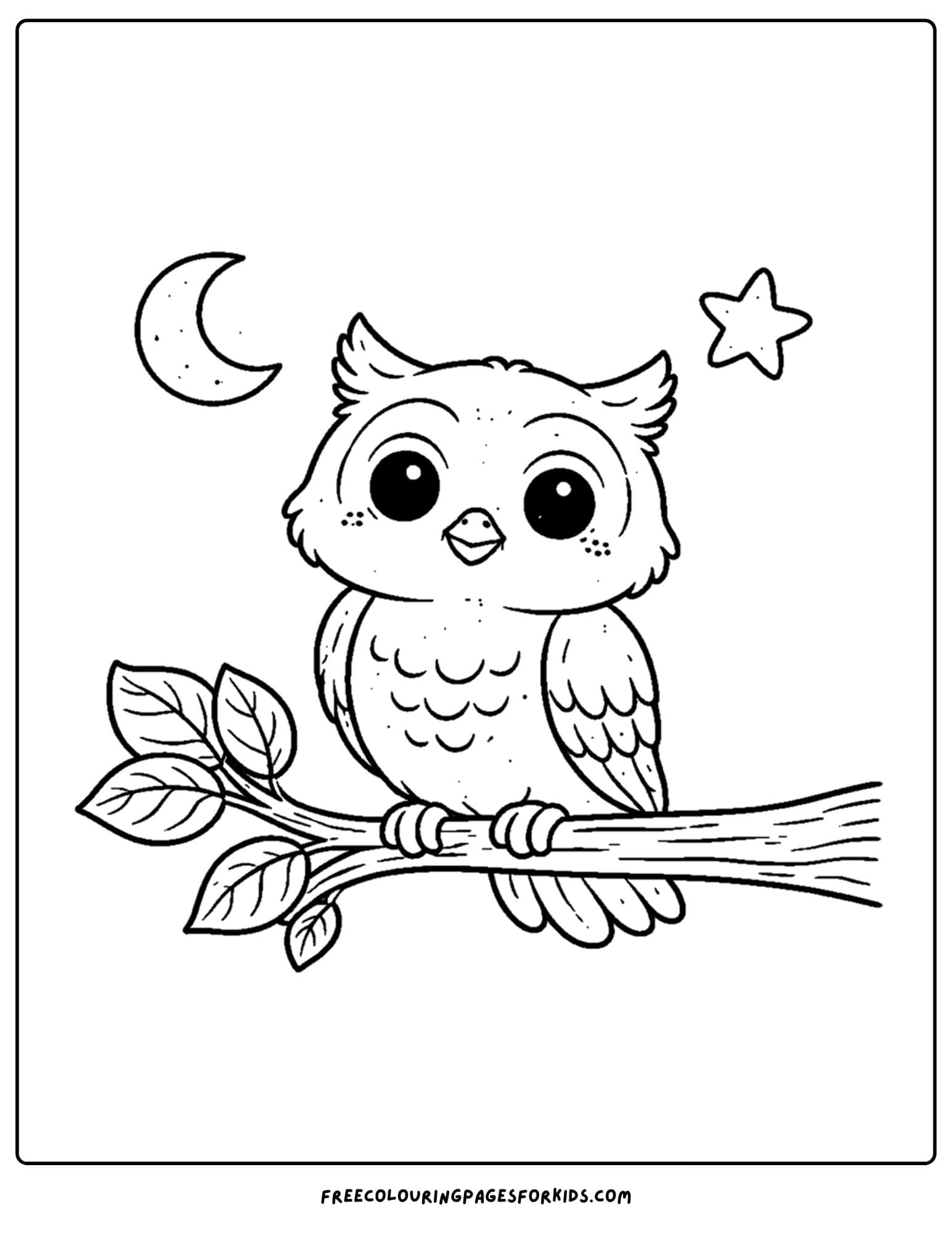 an animal coloring page showing a owl sitting on a branch under the moonlight