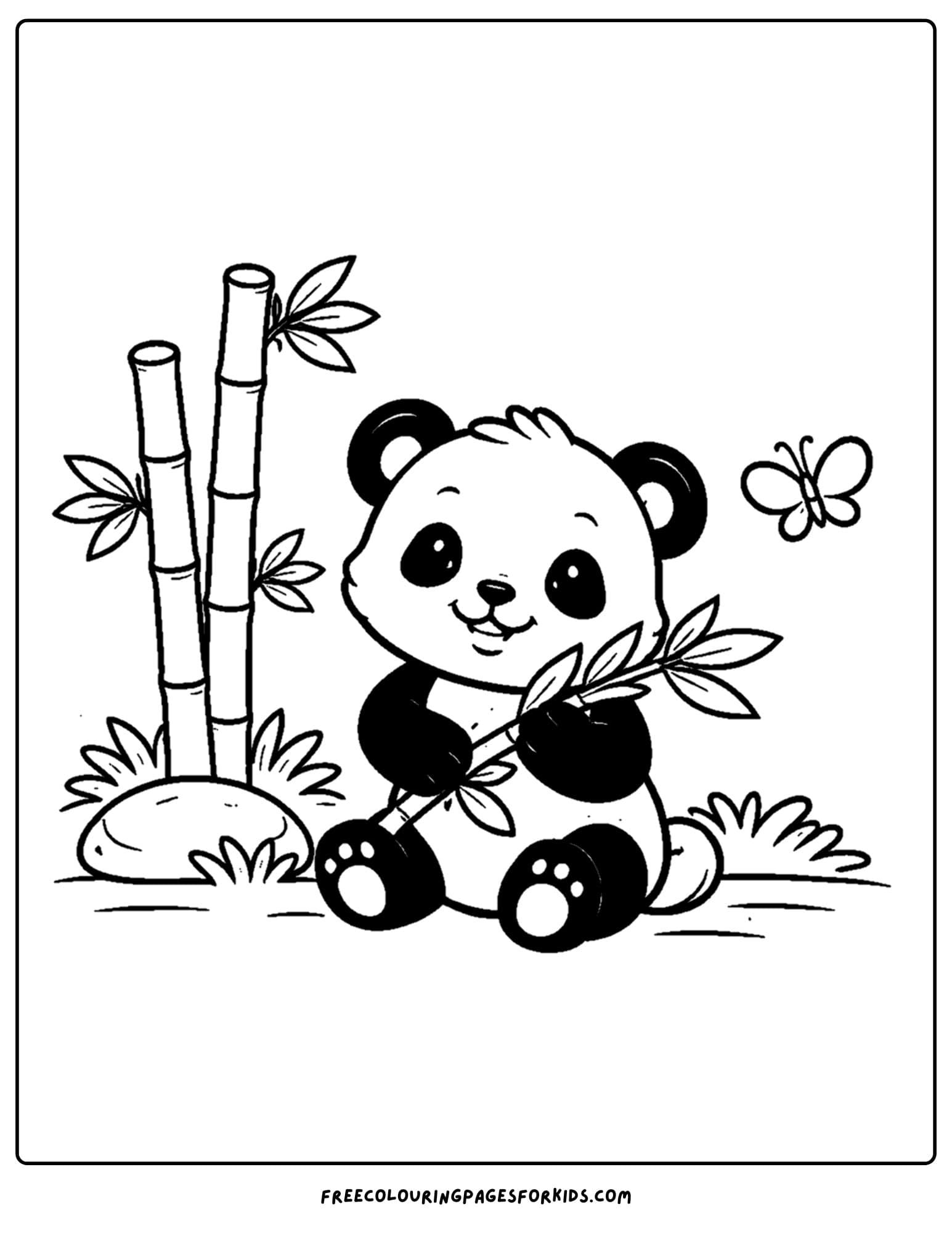 an animal coloring page showing a panda next to some bamboo