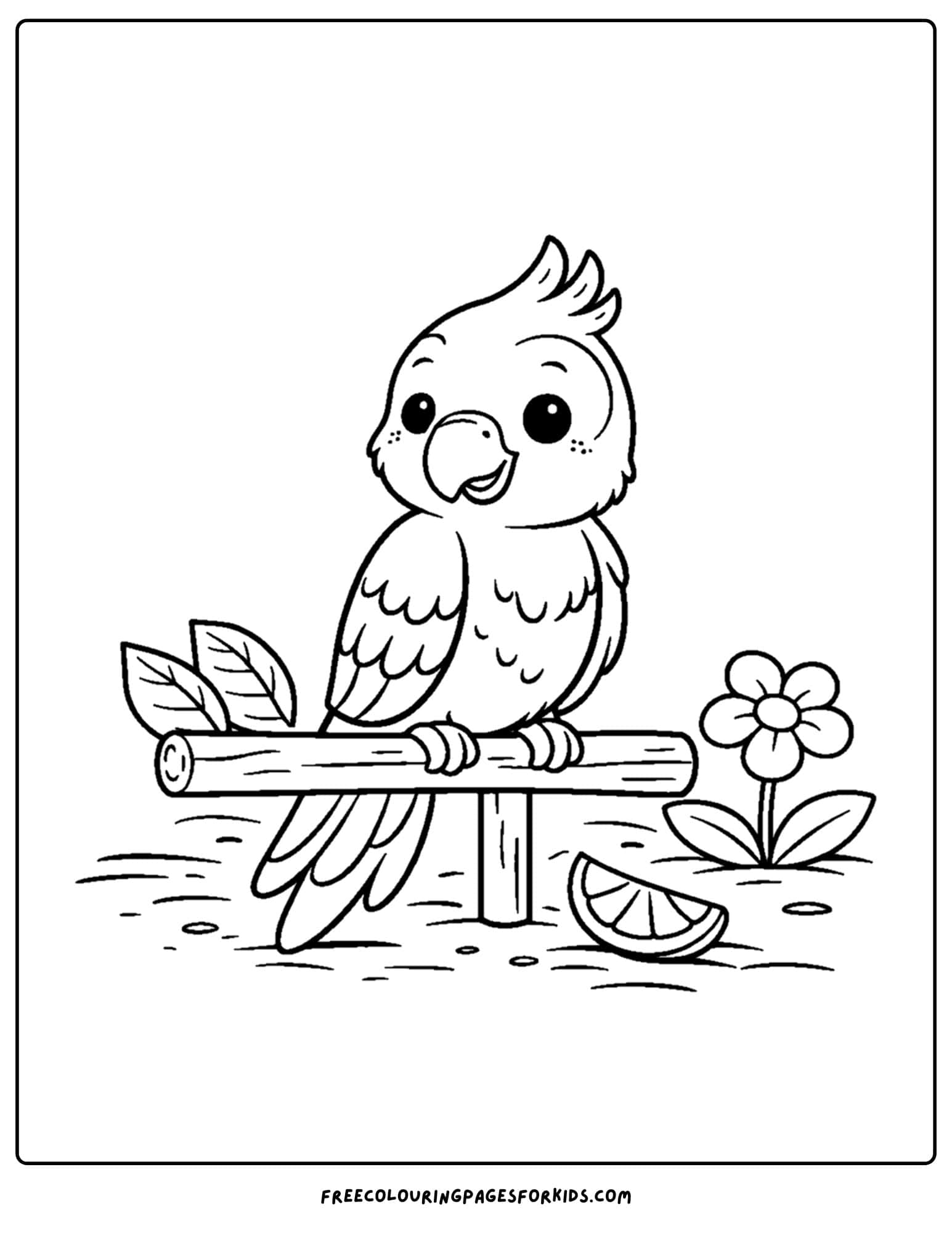 an animal coloring page showing a parrot on a perch