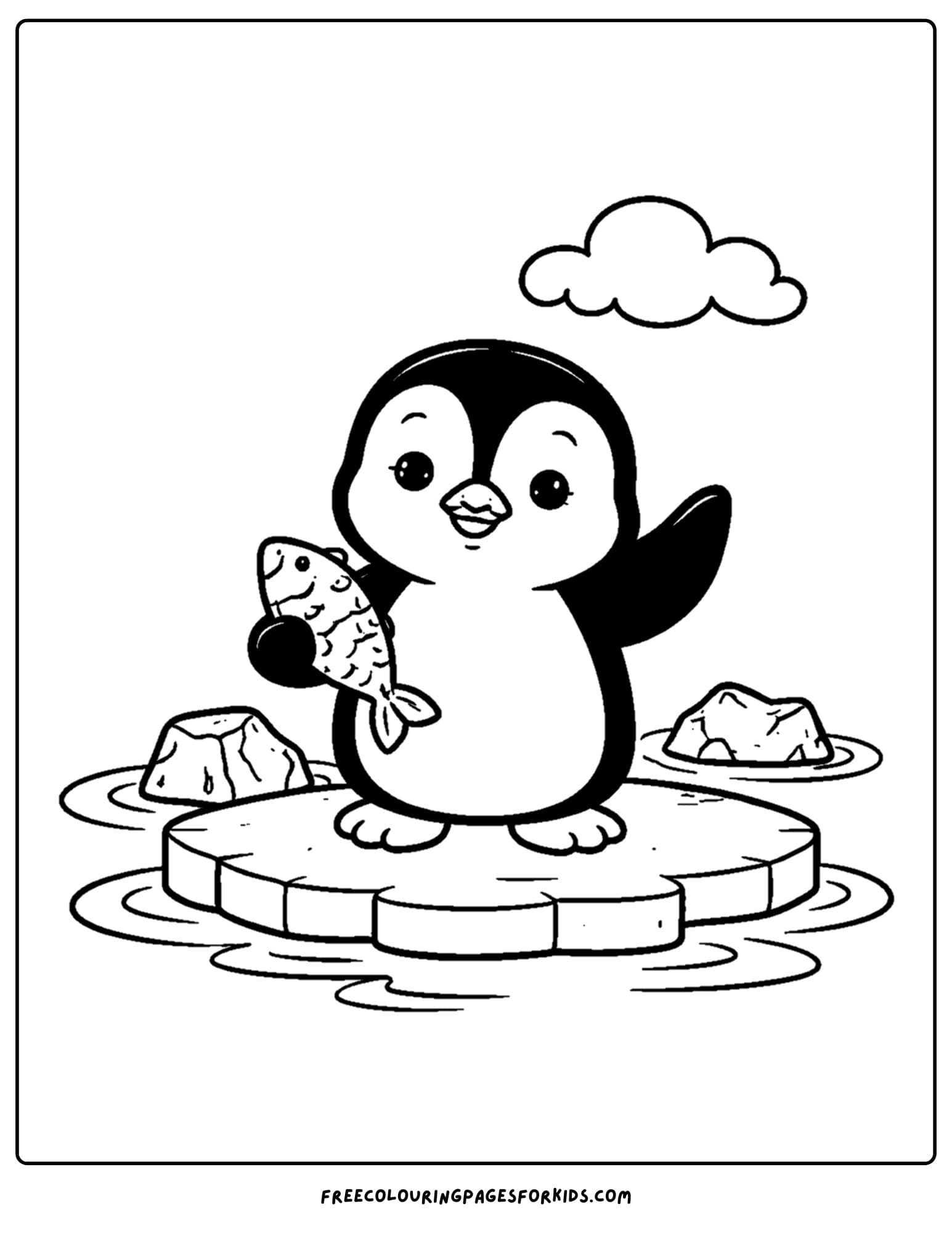 an animal coloring page showing a penguin waving from on some ice