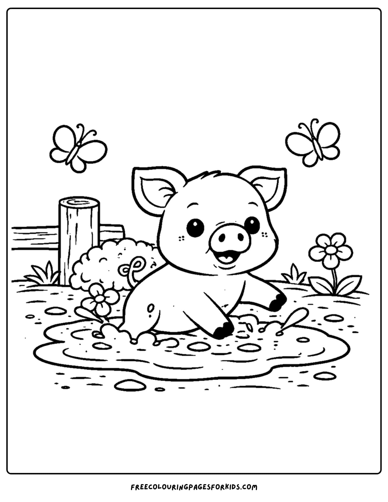 an animal coloring page showing a piglet splashing in the mud