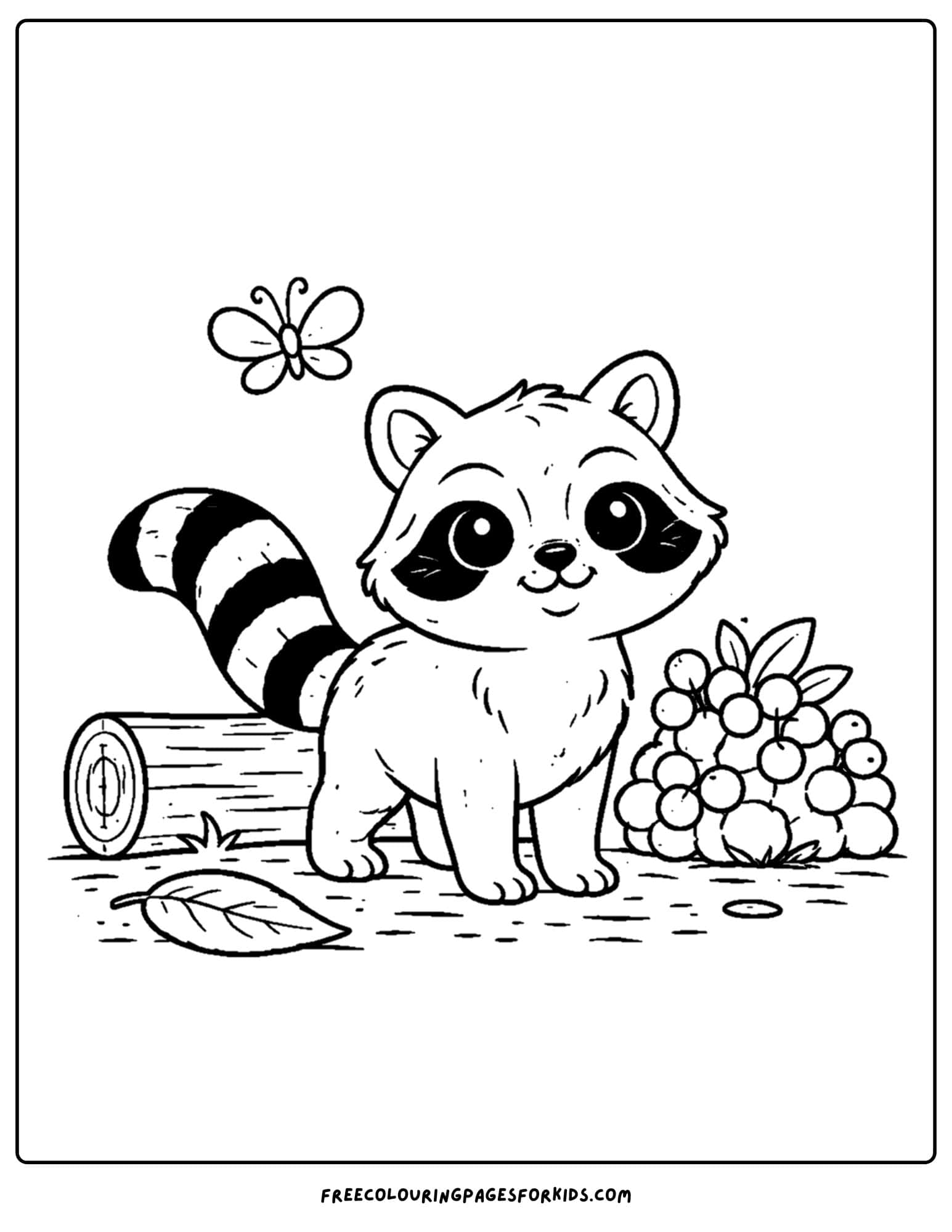an animal coloring page showing a raccoon standing next to a big log