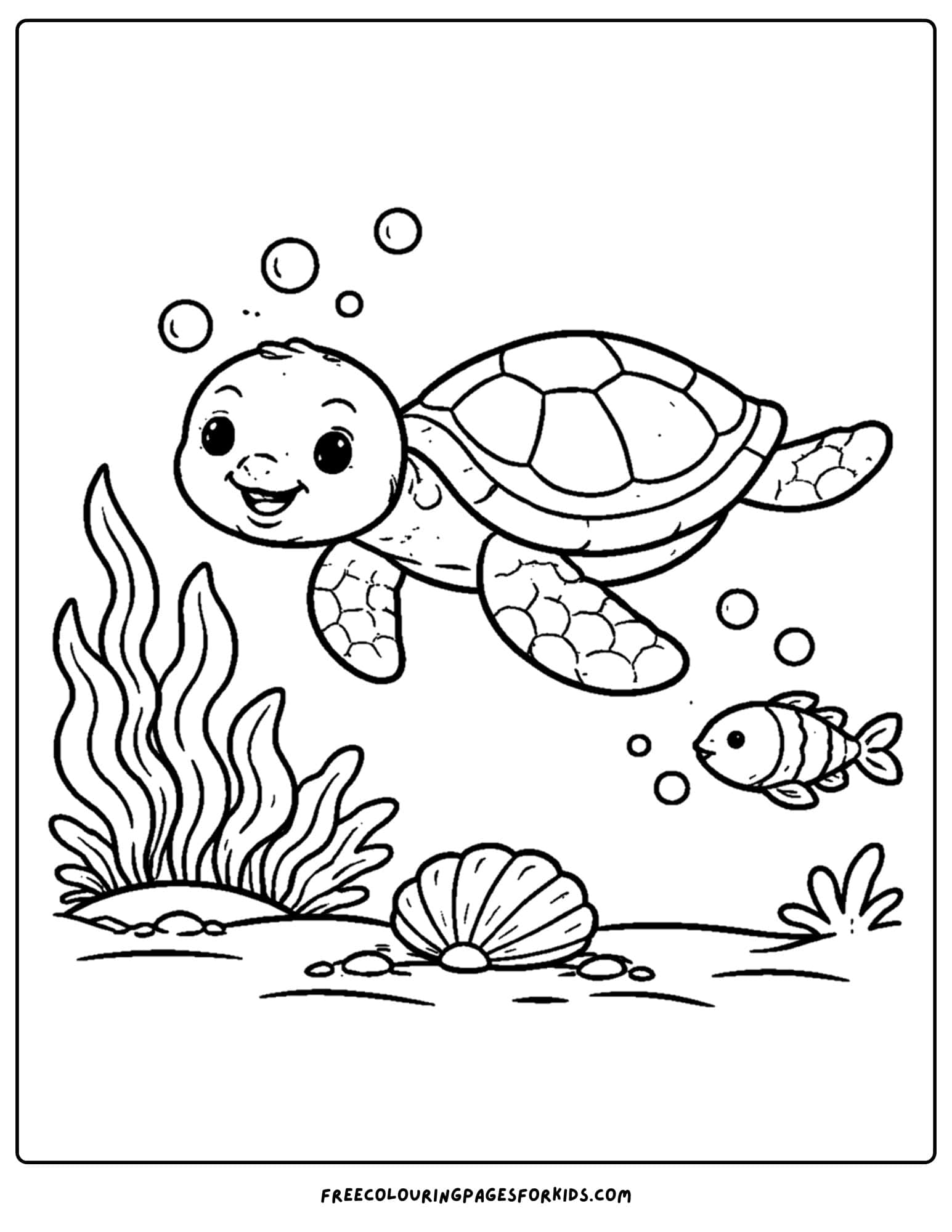 an animal coloring page showing a sea turtle swimming in the water