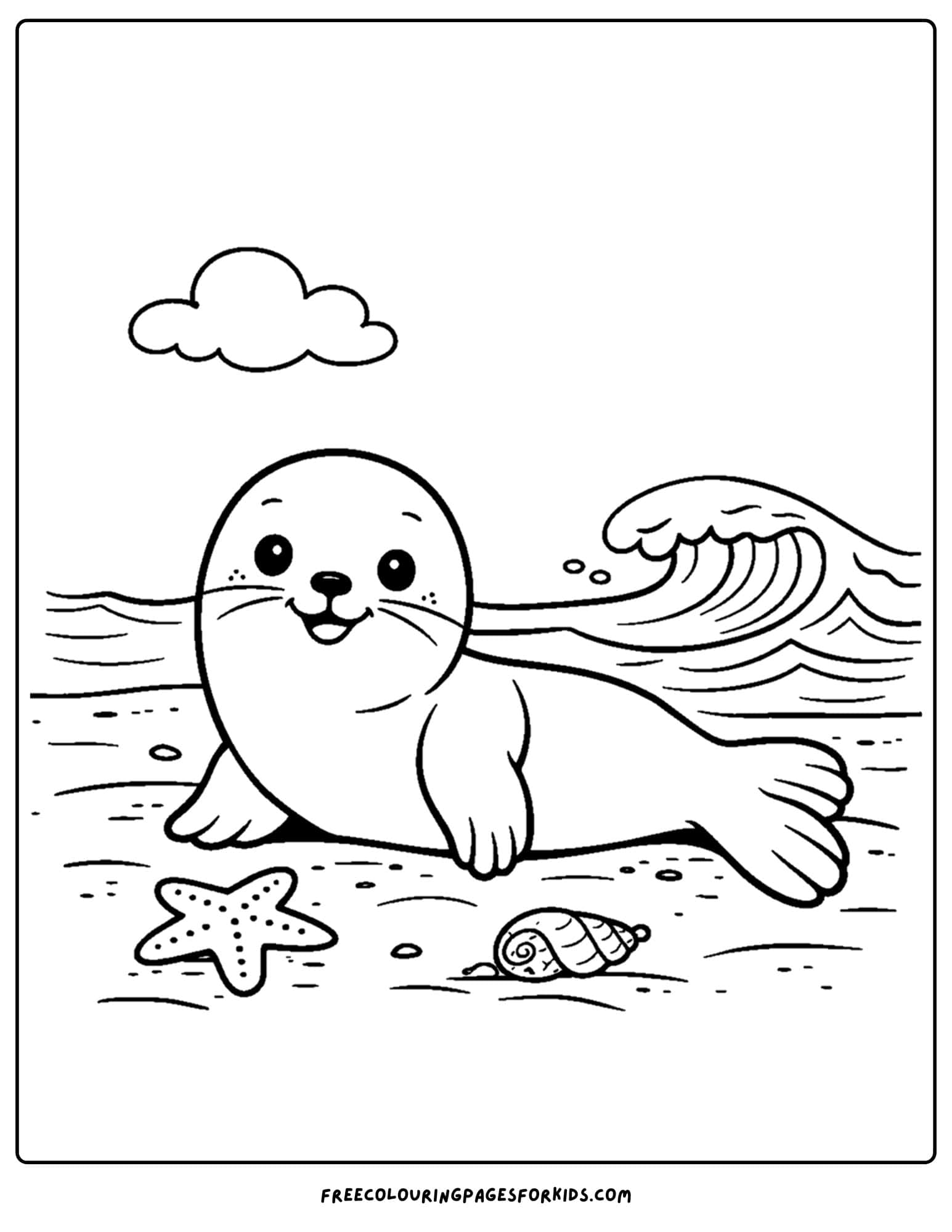 an animal coloring page showing a seal laying on the beach by the shore
