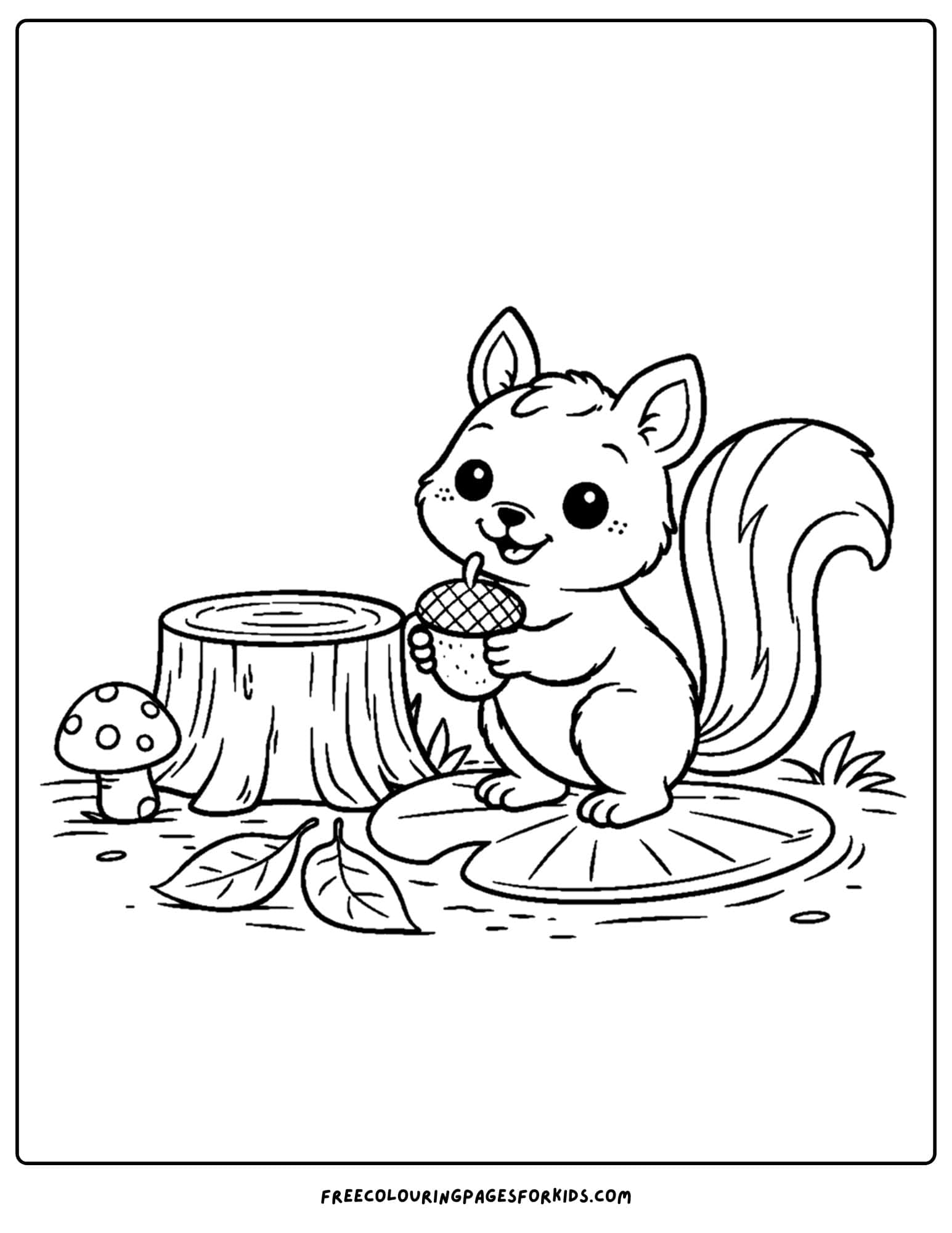 an animal coloring page showing a squirrel holding an acorn next to a tree stump