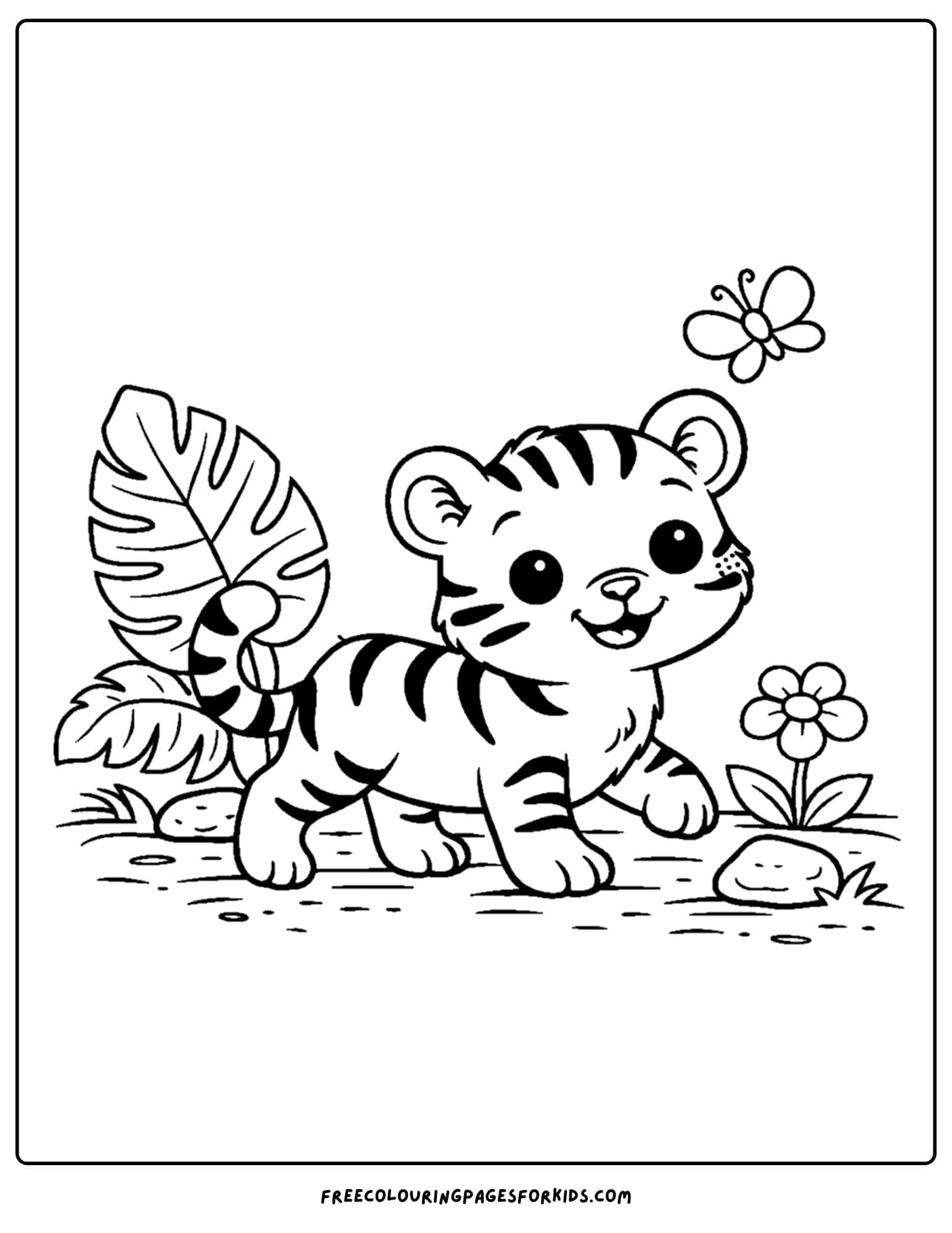 an animal coloring page showing a tiger cub walking along