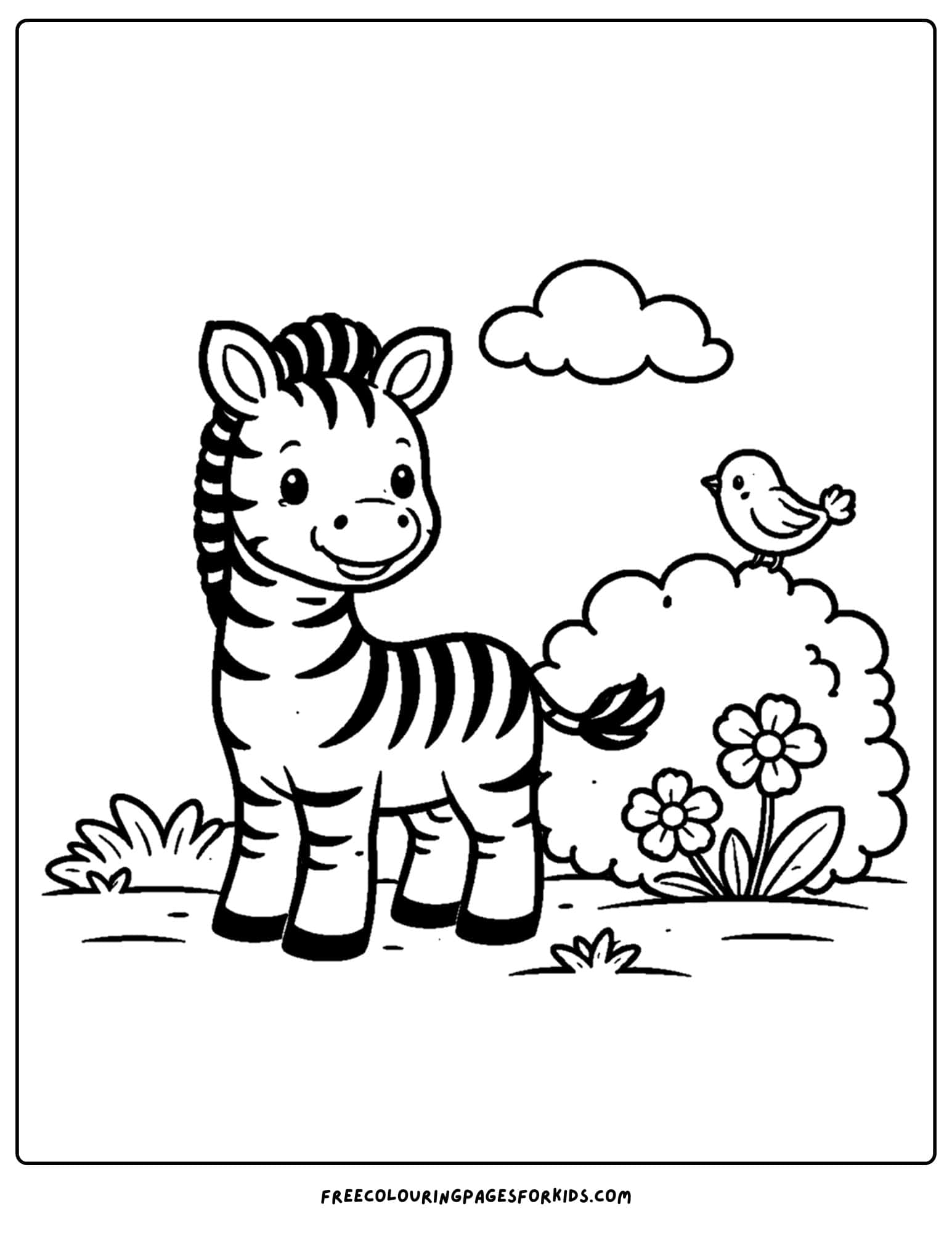 an animal coloring page showing a zebra standing next to a bush and a bird
