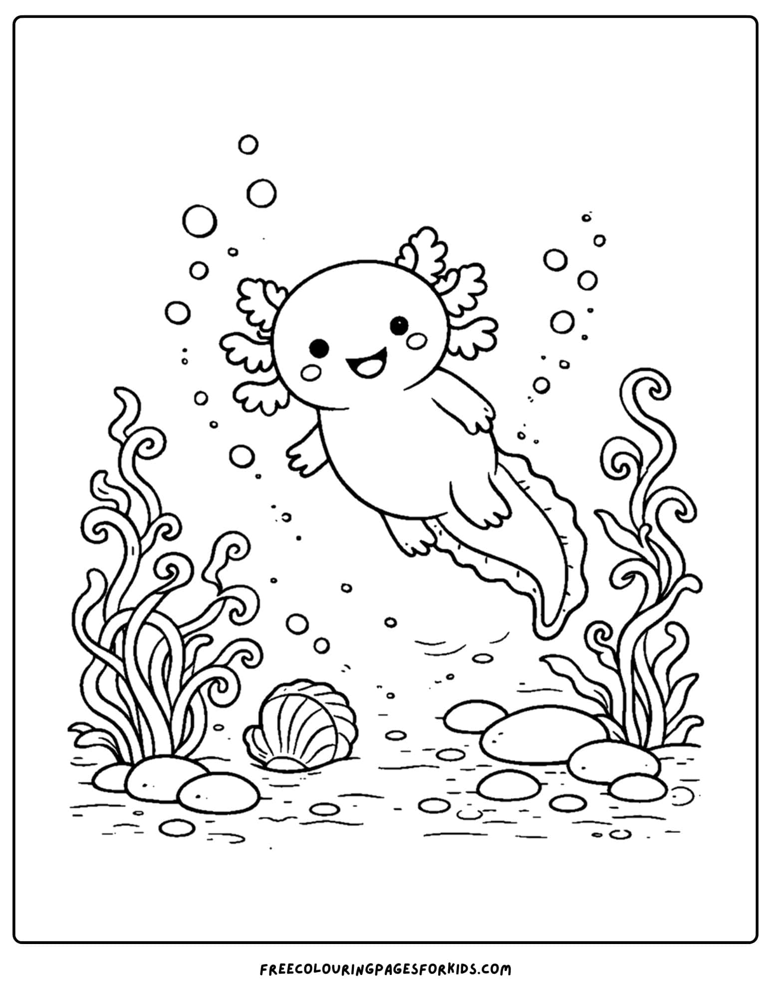 a coloring page of an axolotl swimming near plants
