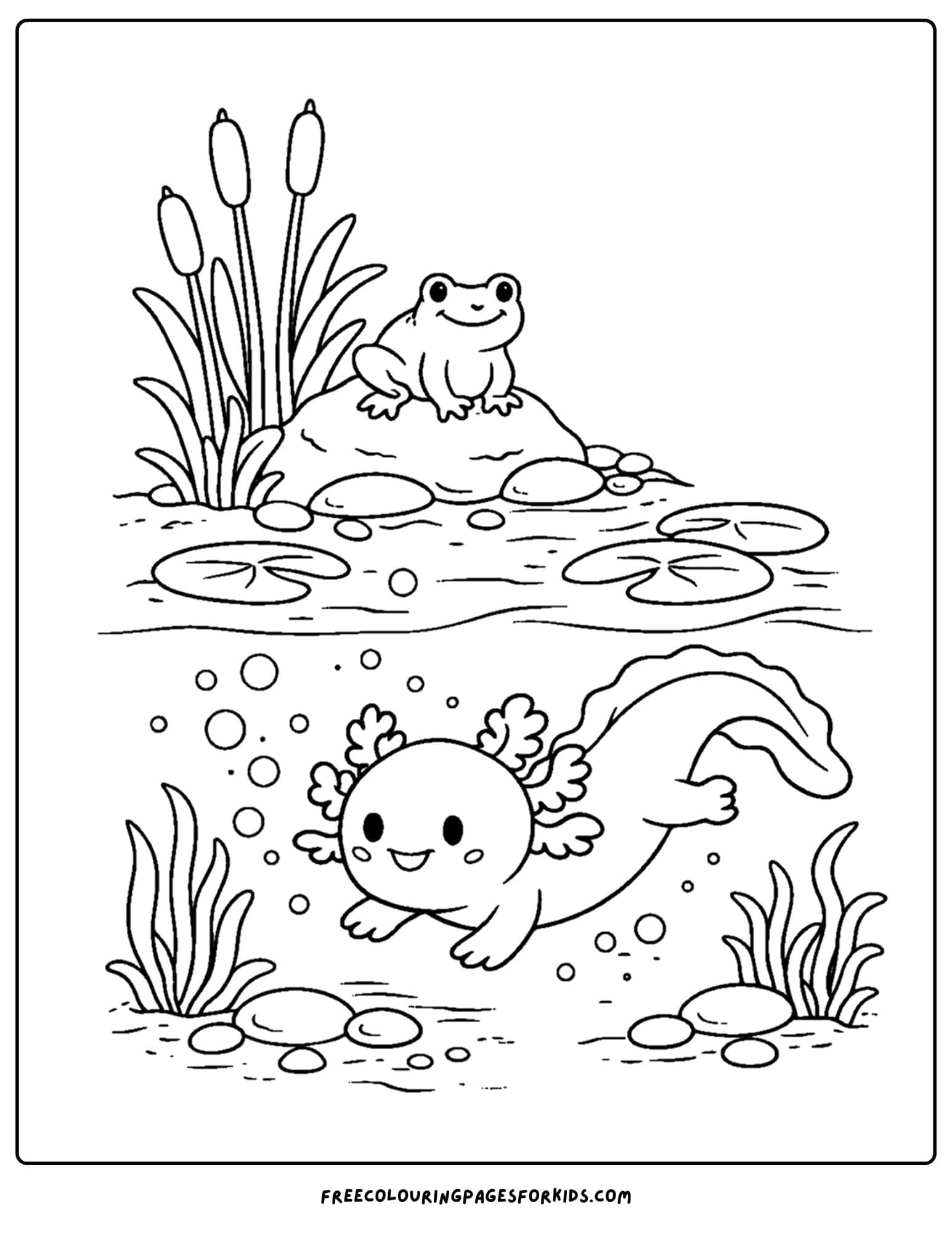a coloring page of an axolotl below a frog in a pond